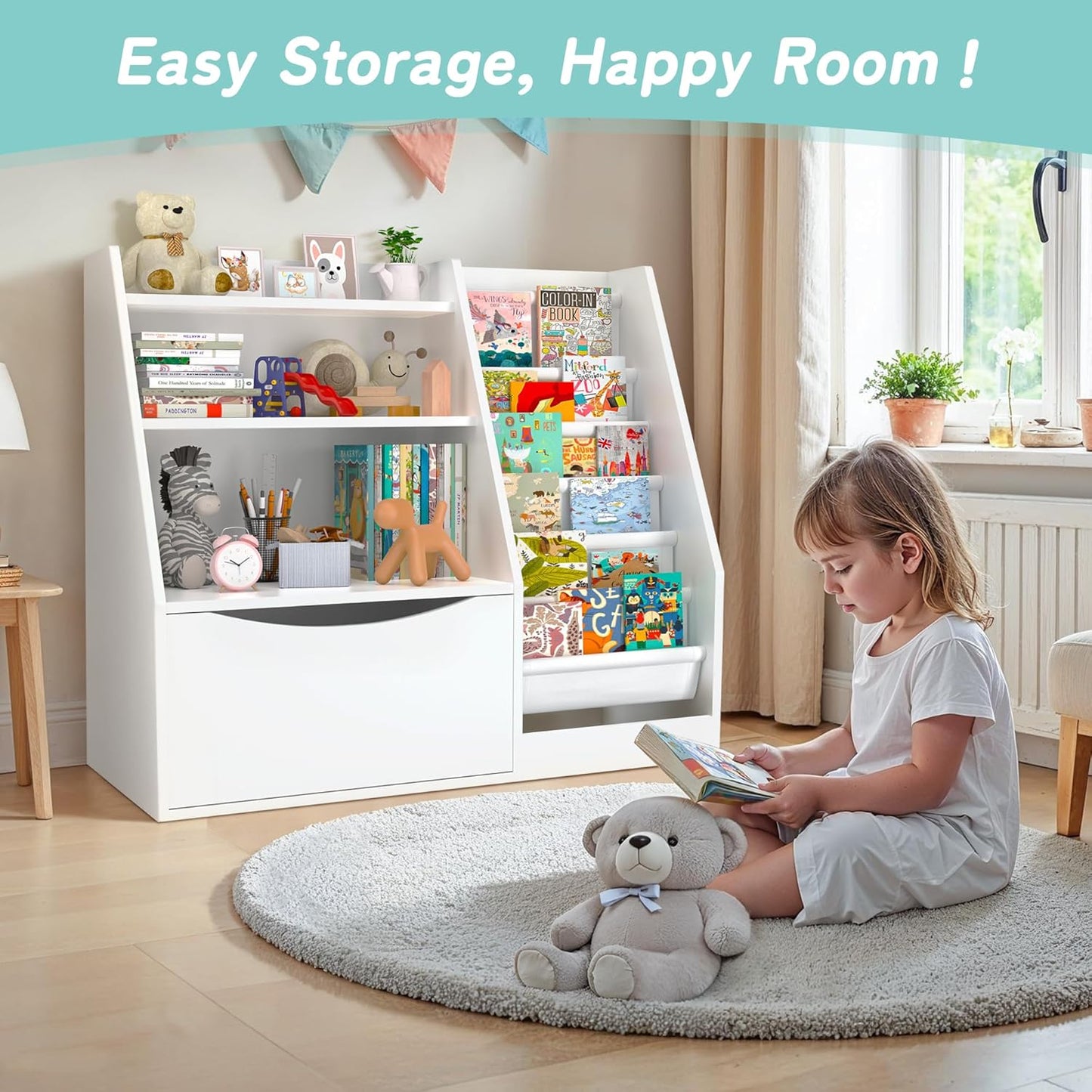 TOETOL Kids Bookshelf & Book Storage,3 Tier Wooden Toddler Bookshelf for Children,Nursery Book Shelves with 6 Sling,Organizer & Book Shelf for Kids Rooms,Bedroom,Playroom White