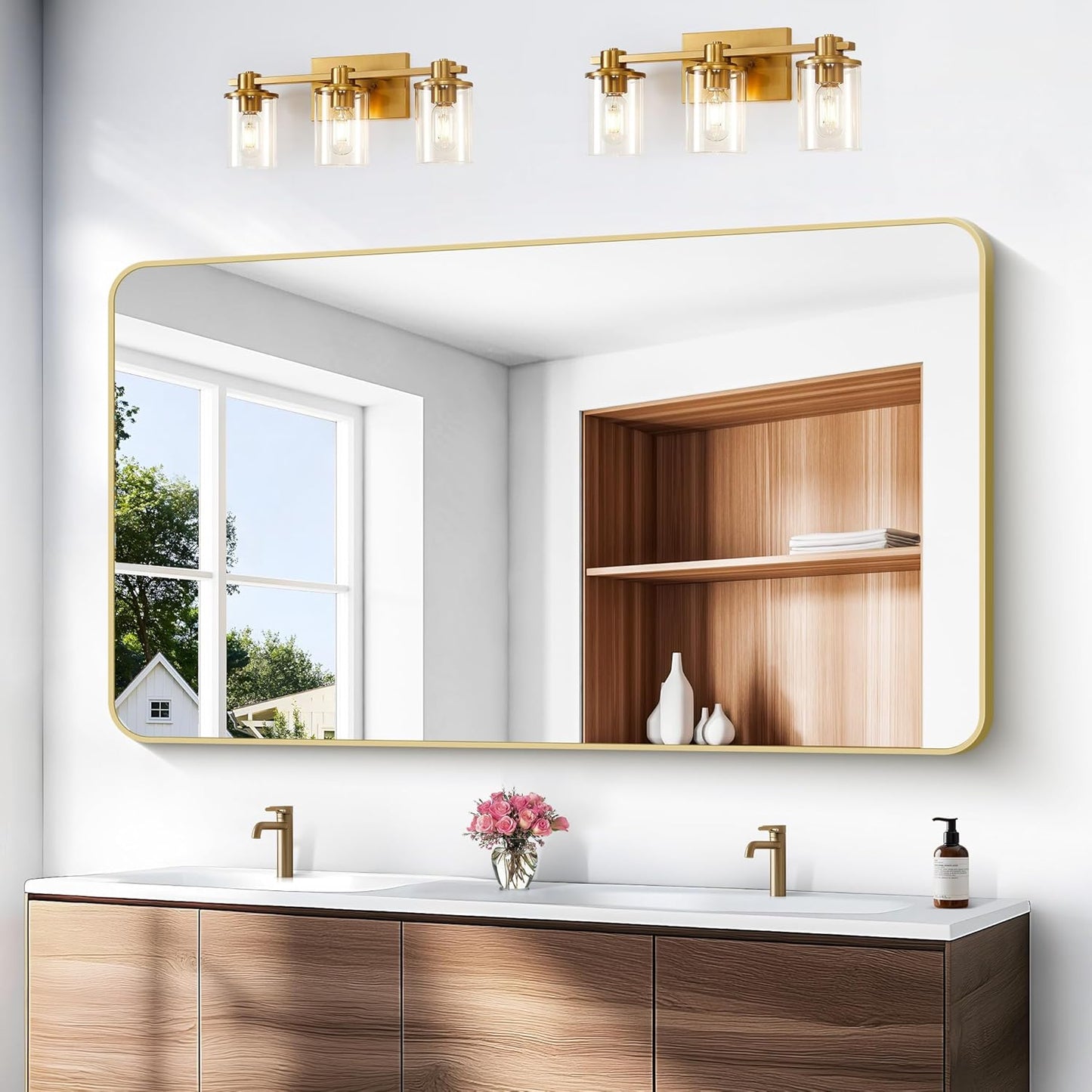 BONEWEI Gold Bathroom Mirror,60x36 inch Wall Mirror for Bathroom Wall Mounted,Round Rectangle Mirror for Bathroom Over Sink,Modern Frame for Home Decor Living Room,Bedroom Entryway,Horizontal/Vertical