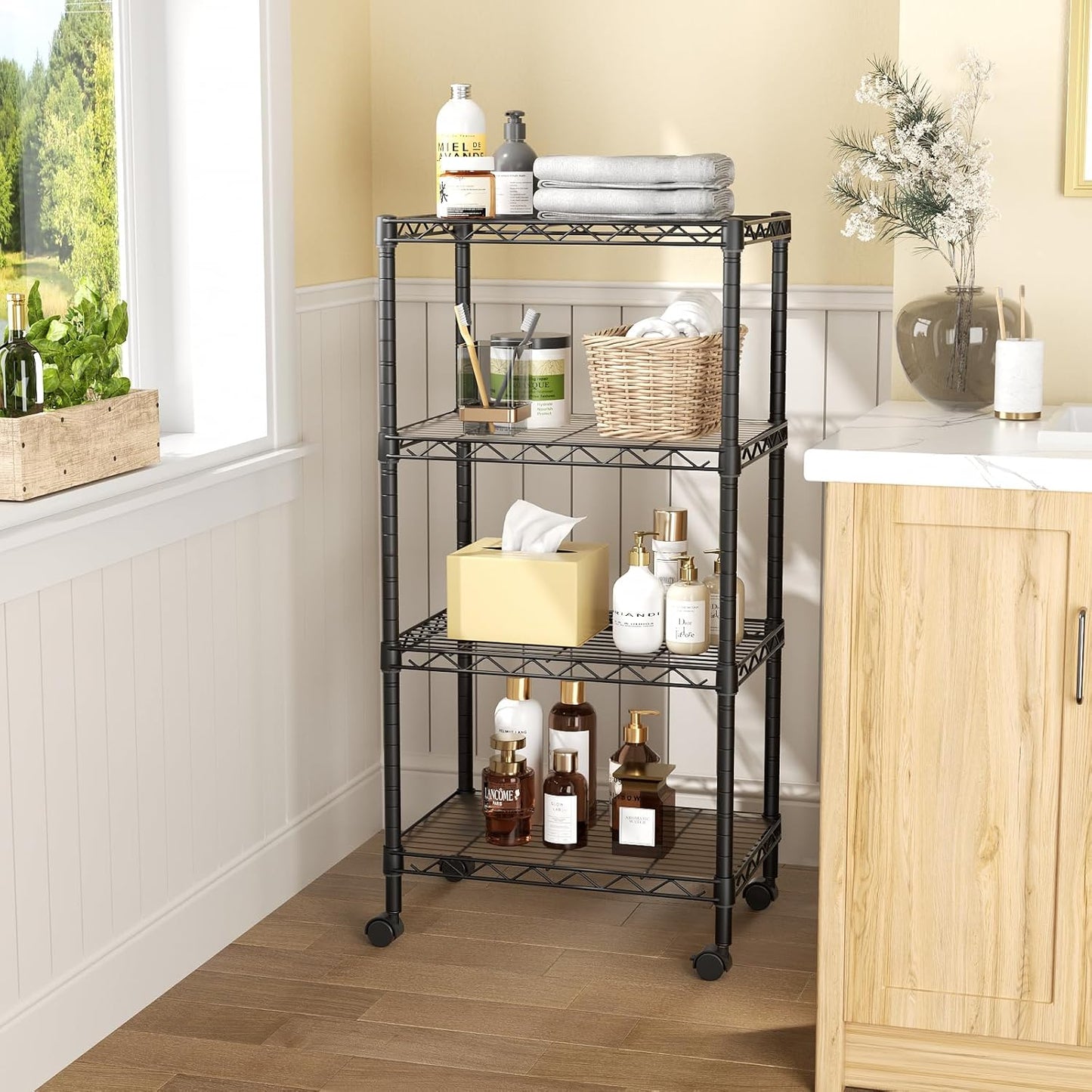 SINGAYE 4 Small Shelves Storage Shelf Wire Shelving Unit Metal Shelf Adjustable Organizers Storage Shelving with Wheels for Bathroom Laundry Room Kitchen Pantry12”D x 18”W x 45”H Black
