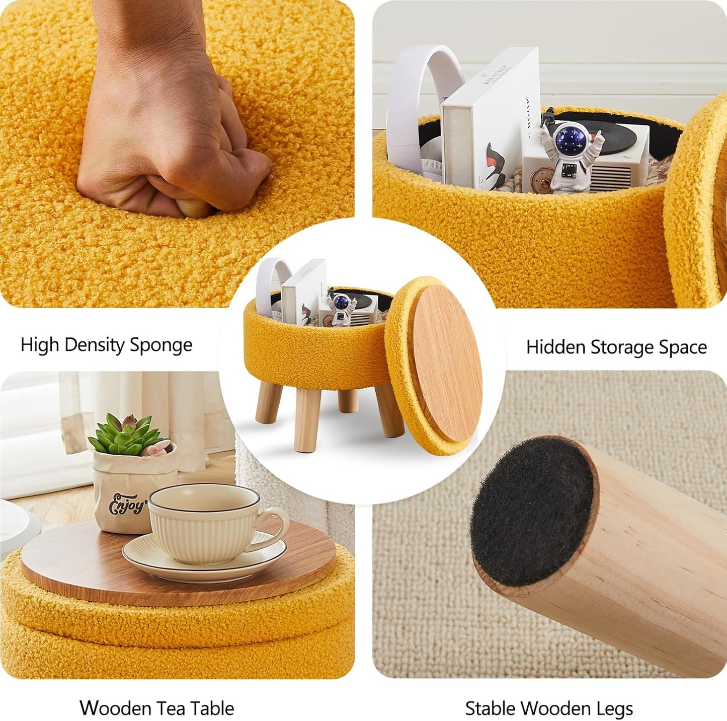 Wimarsbon Storage Ottoman, Modern Round Footrest with Soft Padded Seat, Teddy Velvet Footstool with Wood Legs, Accent Small Table or Plant Stand for Hallway, Living Room (Brilliant Yellow)