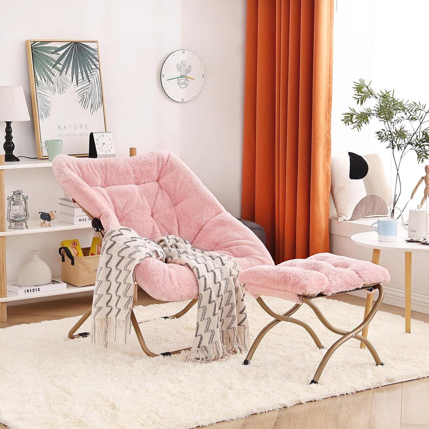 Dorm Chair with Ottoman, X-Large Soft Saucer Chair, Oversized Folding Faux Fur Accent Chair, Foldable Metal Frame Chair for Bedroom, Living Room (Pink)