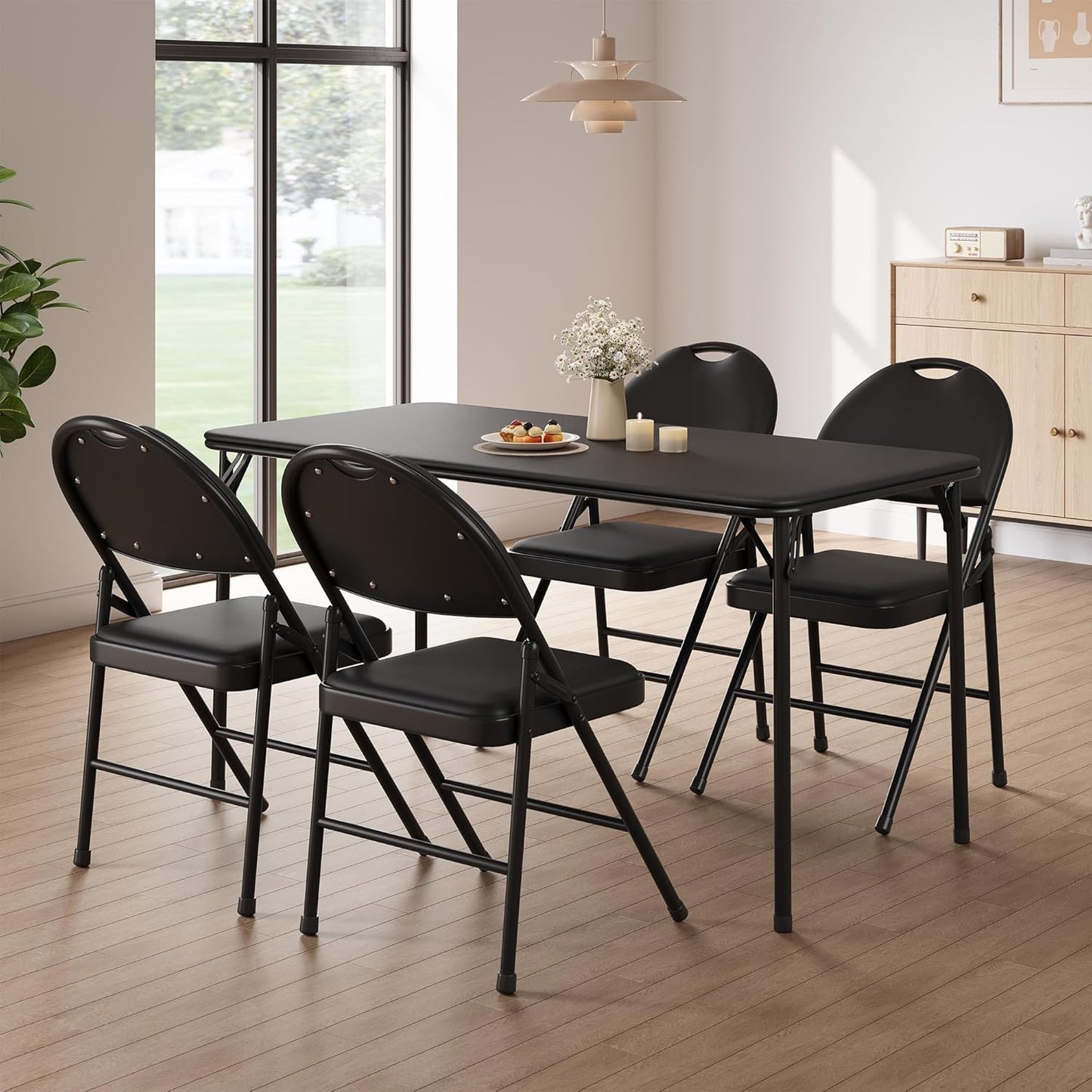 GarveeHome 4 Pack Folding Chairs with PU Leather Padded Cushion and Back, Metal Foldable Chair for Indoor Outdoor, Commercial Stackable Guest Chairs for Camping, Dining Room, Office, Party, Black