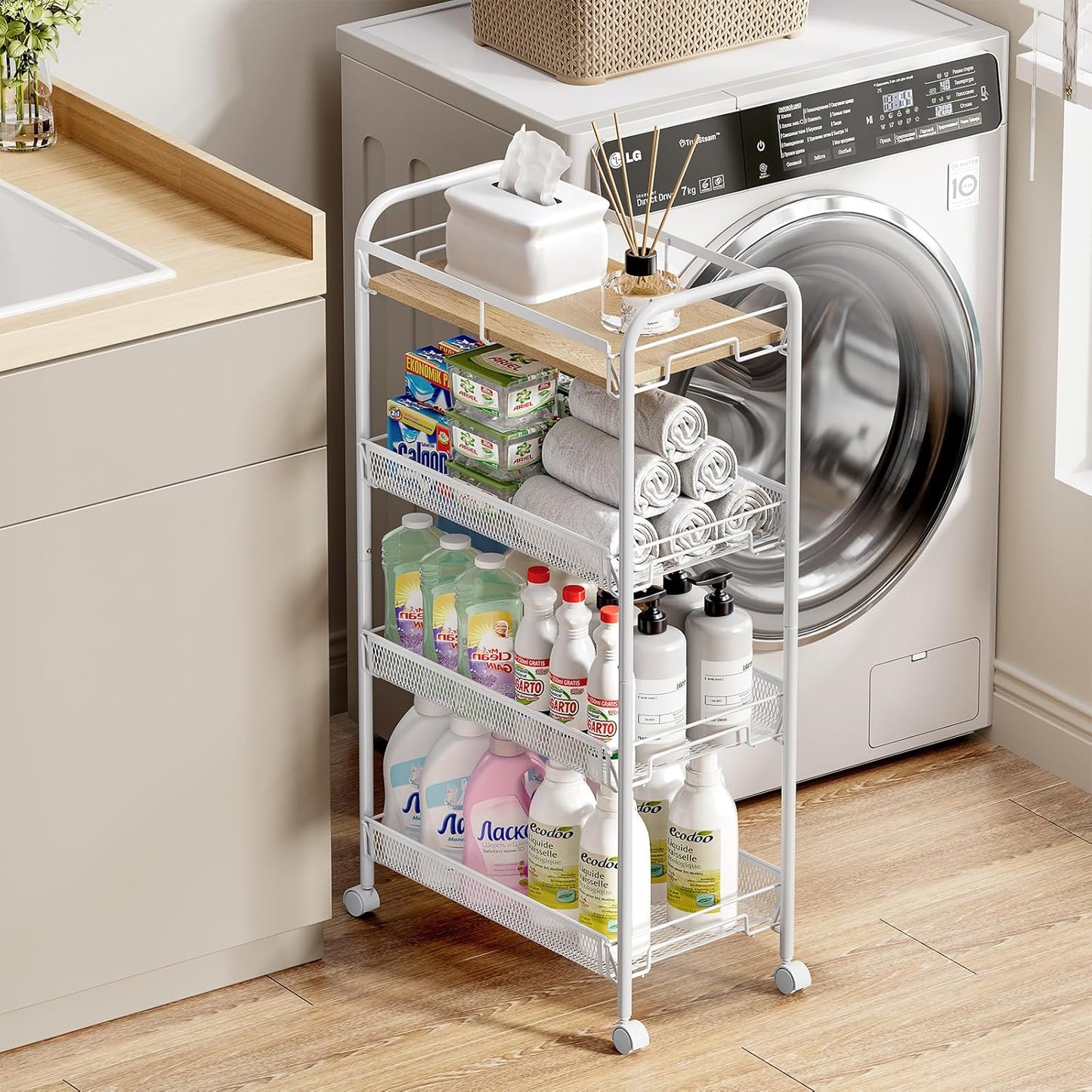 KINGRACK Metal Wide Rolling Cart, 4-Tier Metal Utility Cart, Storage Cart with Wooden Tabletop, for Laundry Bathroom Kitchen Room Bedroom Apartments Dormitory (Pure White, Wide)