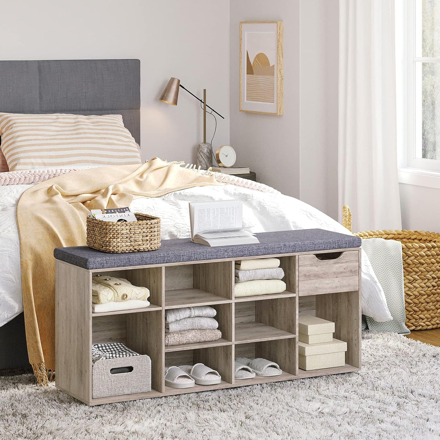 DINZI LVJ Shoe Bench, Entryway Storage Bench with Drawer and 11 Cubbies, Cubby Shoe Rack with Adjustable Shelves, Organizer Cabinet for Living Room, Bedroom, Mudroom, Closet and Garage, Greige