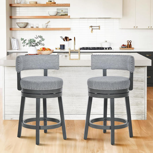 COLAMY Swivel Bar Stool Set of 2, Modern Swivel Barstool with Back, Counter Height Bar Stools, 25 Inch Upholstered Wood Barstool for Kitchen Island Dining Room Bar, Grey