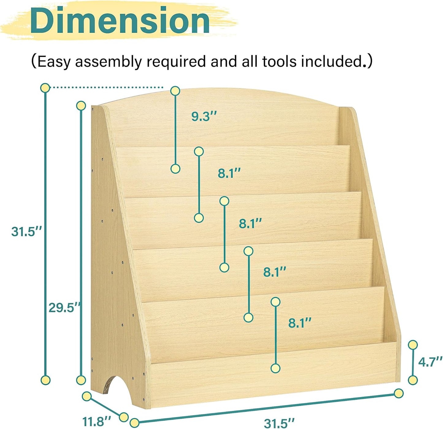 TOETOL 5-Tier Kids Bookshelf - Toddler Book Display Shelves for Classrooms, Playrooms, and Nursery - Wooden Children Book Rack (Natural)