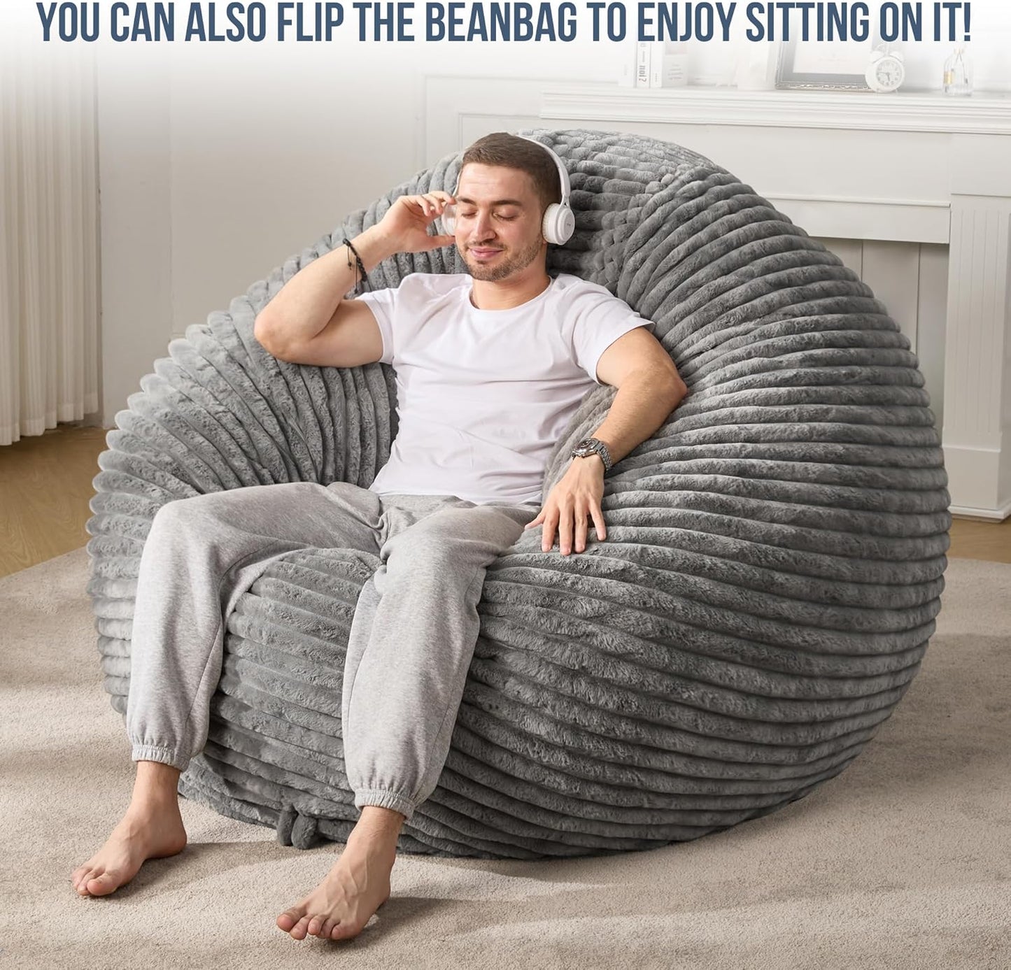 Hobestluk 6ft Bean Bag Chairs for Adults Large Beanbag Chair with Stripe Plush Cover Big Bean Bag Chair for Living Room Bedroom Dorm Office - Grey (70" x 70" x 15")