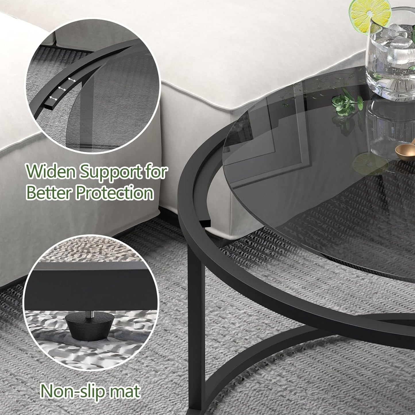 Glass Coffee Table Modern Center Table,Minimalist Round Coffee Tea Table,Tempered Glass-top with Sturdy Metal Frame for Living Room Bedroom Office and Small Space, 27 x 27 x 17 Inch,Gray Black