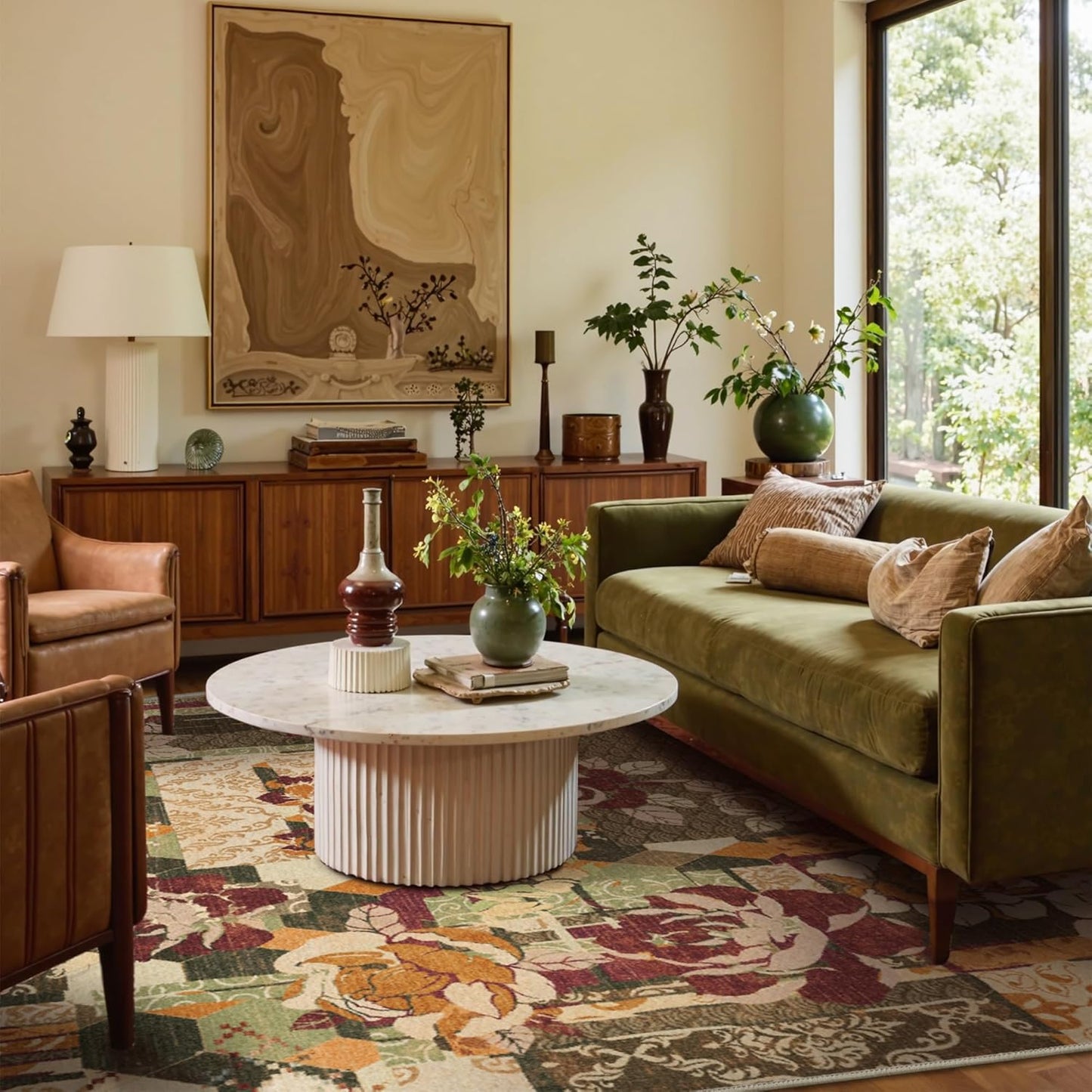 GENIMO 5X7 Floral Area Rugs for Living Room, Machine Washable Non Slip Vintage Patchwork Washable Rug, Ultra-Thin Low Pile Chenille Rugs for Bedroom, Dining Room, Auburn Cinnamon