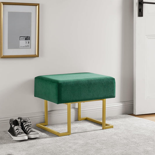 Modern Style Bedroom Single Seat Bench, Cushioned Bed end Stool, Living Room Sofa Stool, Footstool with Golden Iron Legs, Suitable for Bedroom and Living Room (Dark Green, 21.65"x15.74"X16.53")