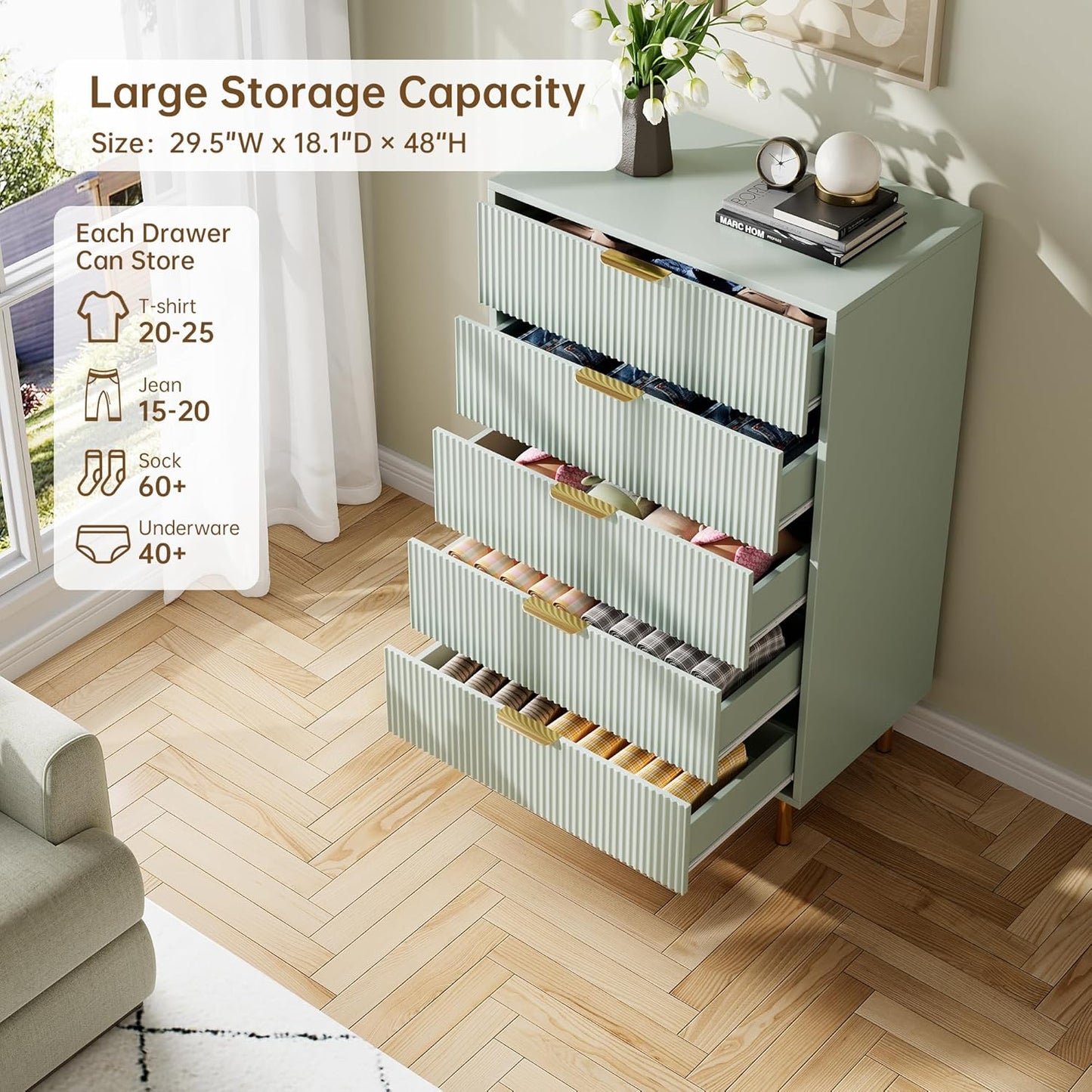 Green Dresser, Modern 5 Drawer Dresser for Bedroom with Gold Handle and Large Drawer, Wood Double Chest of Drawers and Storage Organizer for Living Room, Hallway, Entryway