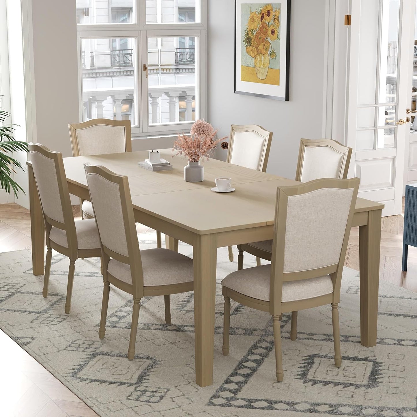 Merax Rustic 7 Piece 78.1inch Extendable Dining Table Set with 18inch Removable Leaf, 6 Upholstered Dining Chairs, 2 Built-in Drawers, Natural