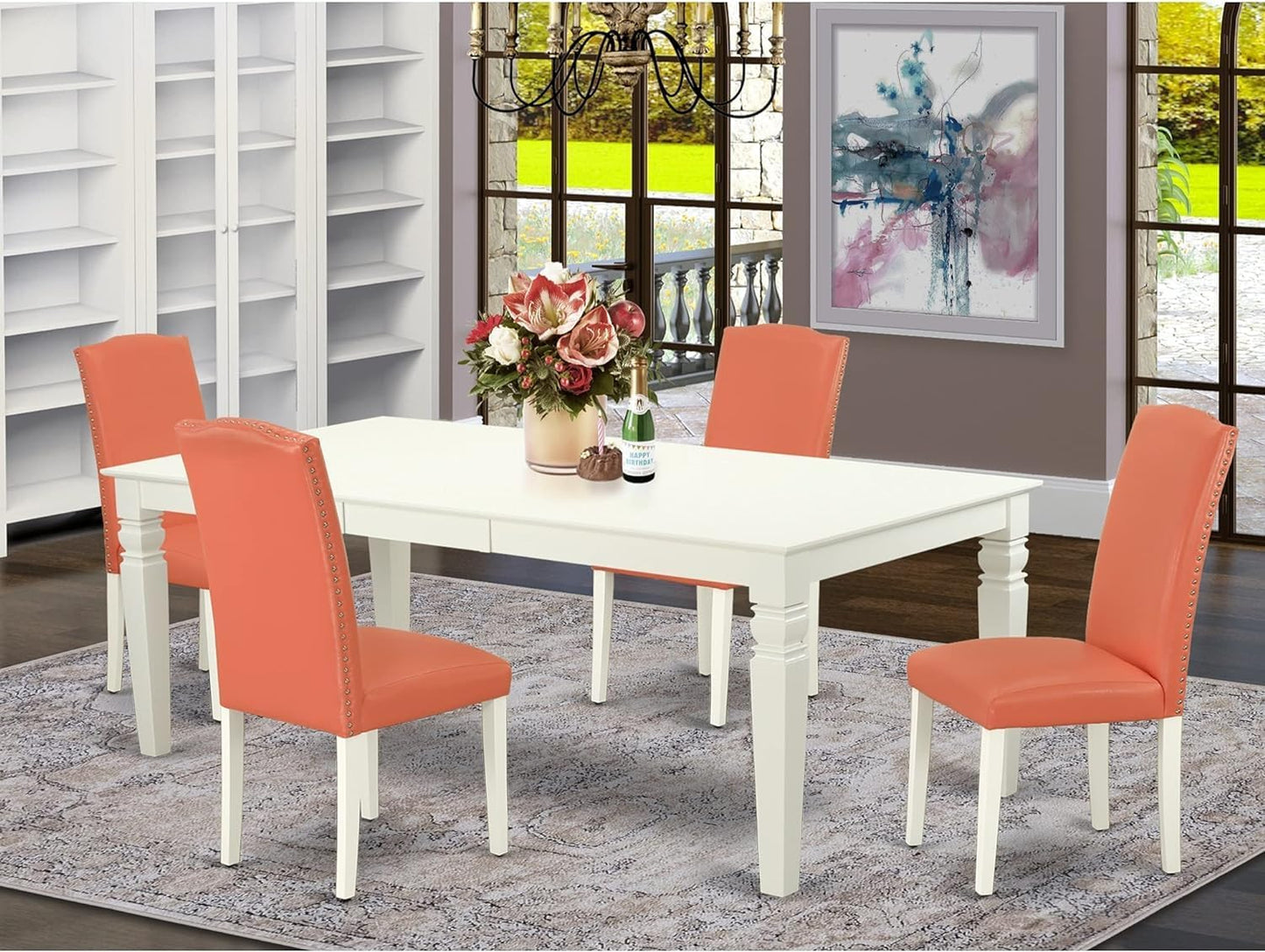 East West Furniture LGEN5-LWH-78 5 Piece Dinette Set Includes a Rectangle Dining Room Table with Butterfly Leaf and 4 Pink Flamingo Faux Leather Parsons Chairs, 42x84 Inch, Linen White