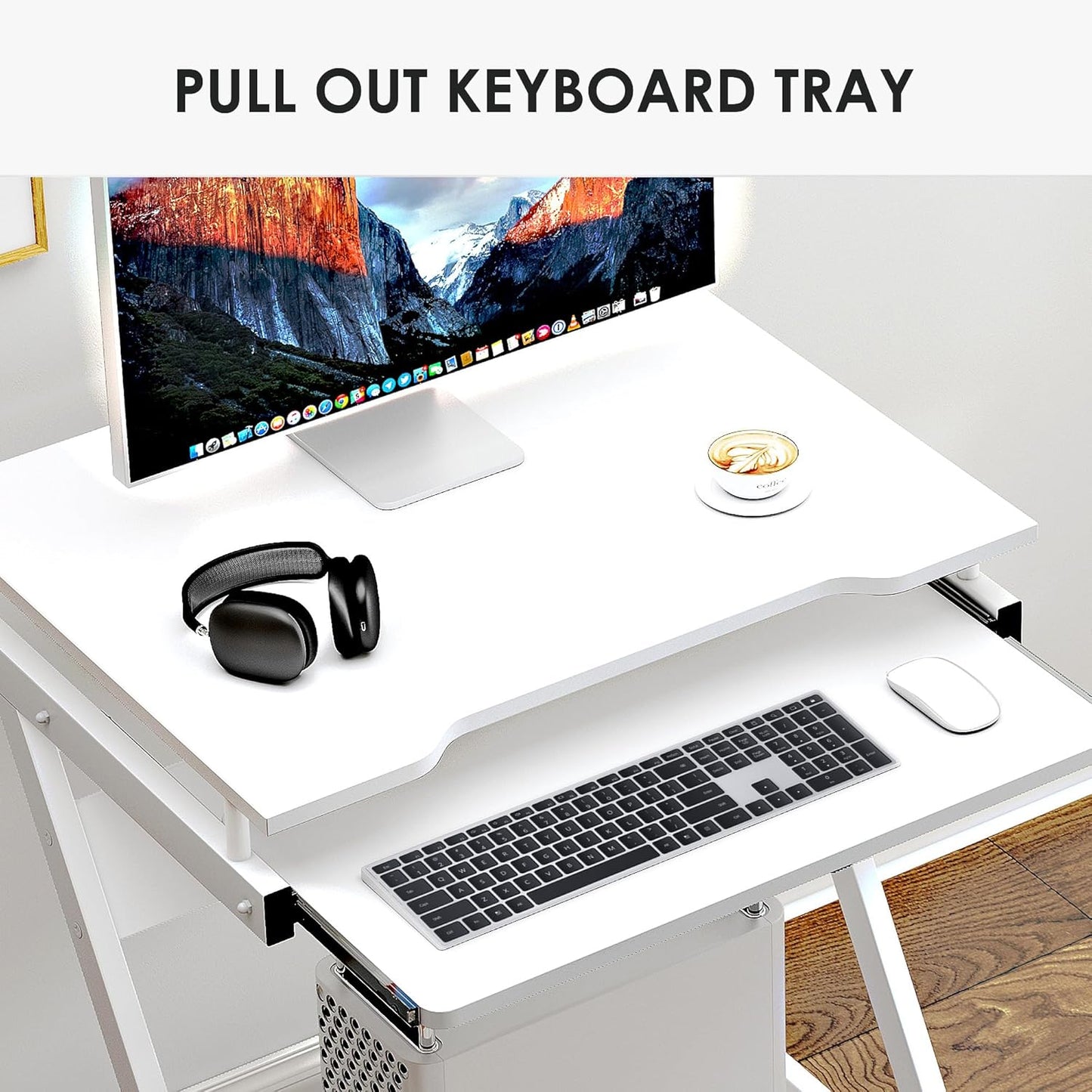 soges Small Rolling Computer Desk, Z Shape Laptop Desk Cart on Wheels, Mobile Computer Workstation for Home and Office with Keyboard Tray, White