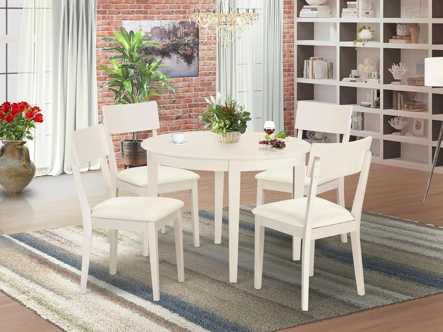 East West Furniture BOAD5-LWH-LC 5 Piece Dining Room Furniture Set Includes a Round Kitchen Table and 4 Faux Leather Upholstered Dining Chairs, 42x42 Inch, Linen White