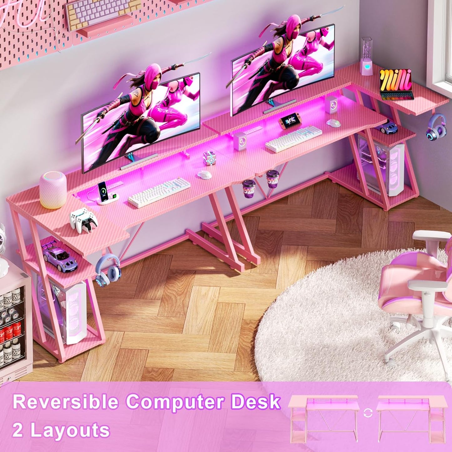 55 Inch Pink Gaming Desk with Power Outlet & LED Lights, Corner Computer Desk with 3 Tiers Storage Shelves, L Shaped Gaming Desk with Monitor Stand for Bedroom