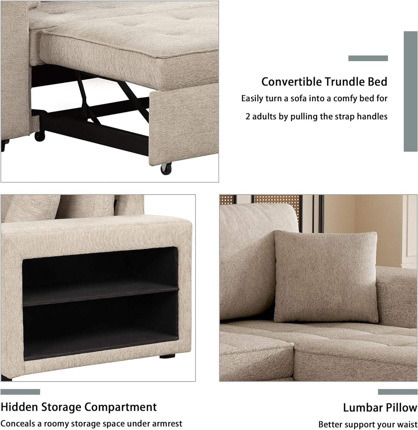 Ball & Cast 104" L-Shape Sectional Sofa with Storage Chaise and 2 Stools,Pull-Out Bed,3-Seat Chenille Reversible Couch w/Storage Armrest,for Living Room,Apartment,Cream