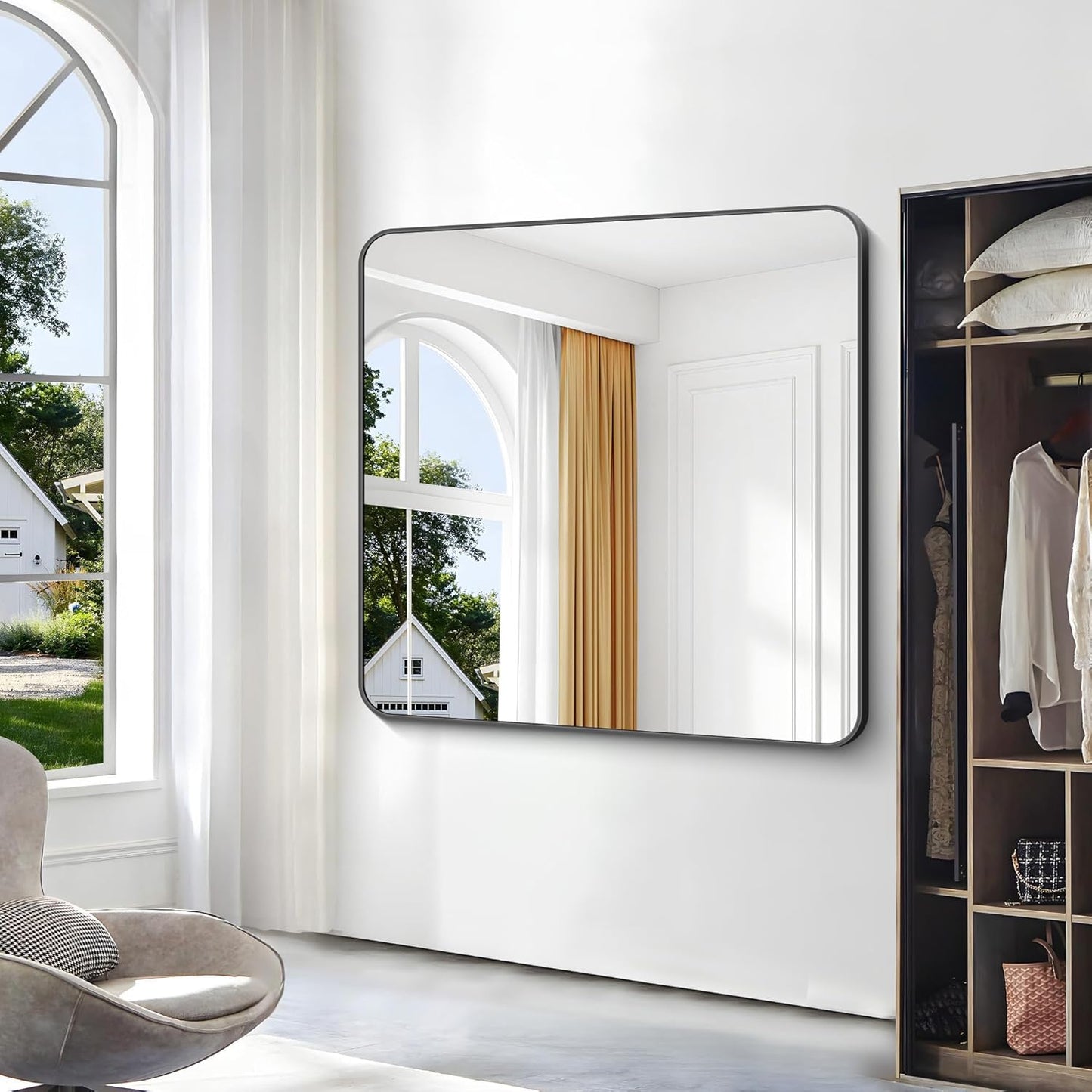 BONEWEI 48x48 inch Bathroom Mirror,Black Rectangle Mirror,Wall Mounted Bathroom Frame Vanity Mirror with Round Corner for Bedroom Living Room,Entryway Hangs Horizontal or Vertical