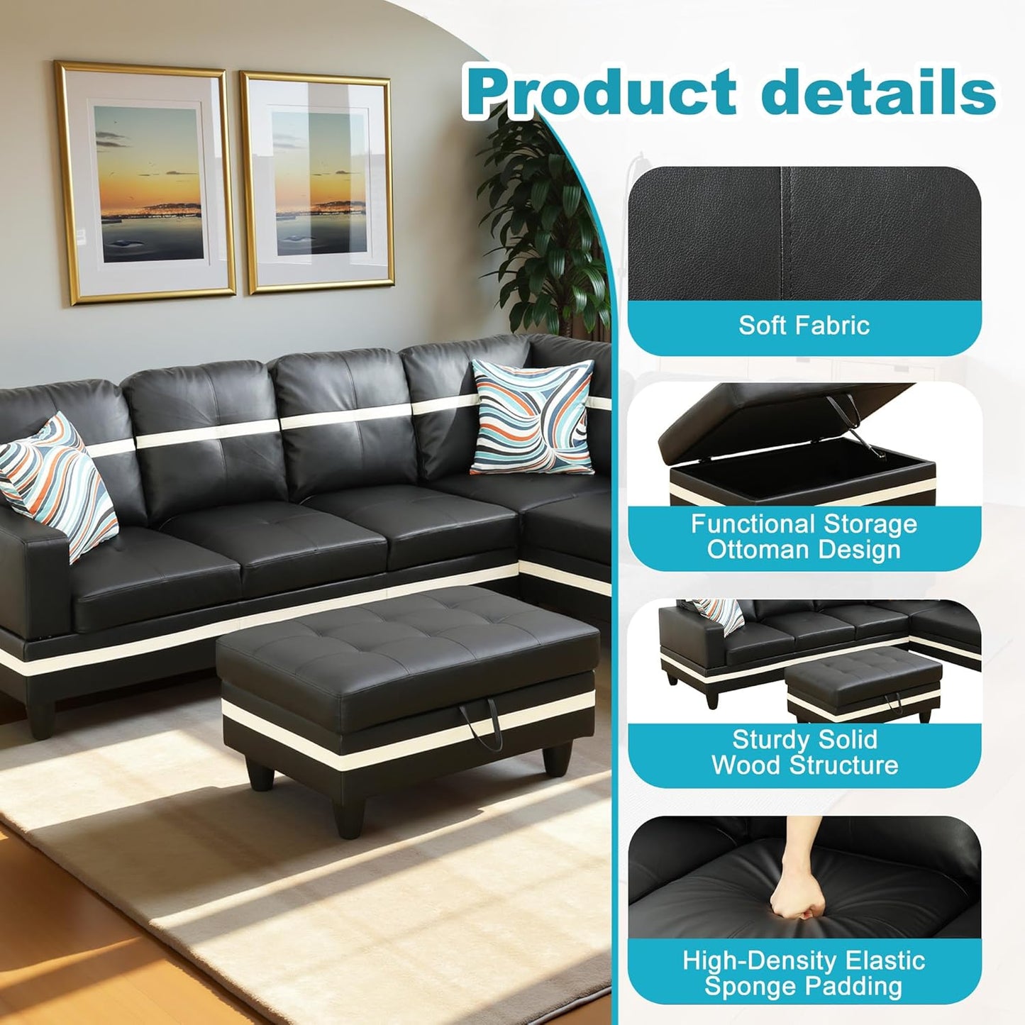 Couches for Living Room PU Leather L Shaped Couch Comfy 3 Pieces Sectional Sofa with Chaise, Ottoman with Storage for Office and Small Apartment, Black