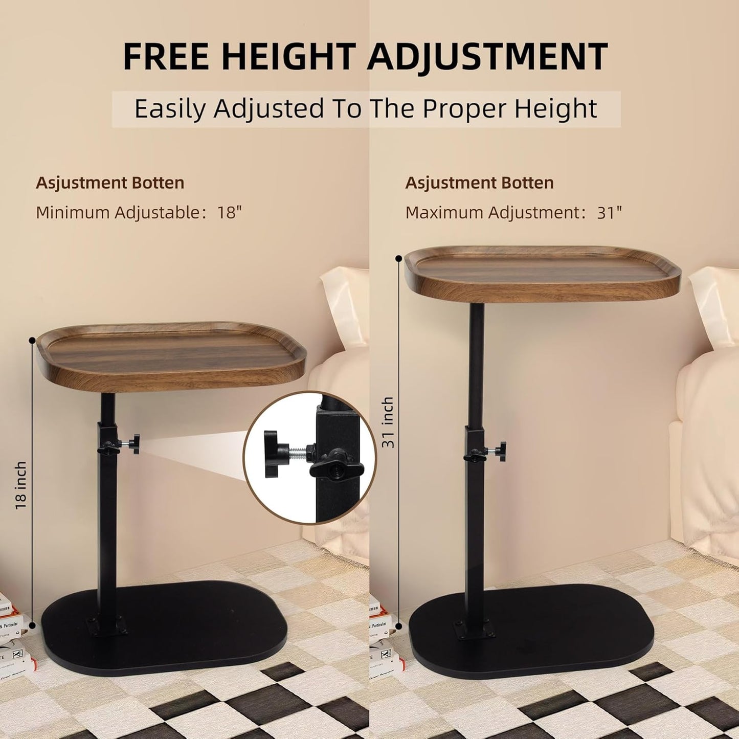 Aoligrace Nightstands Set of 2 Adjustable Height, 360°Swivel C Shaped End Table for Couch Sofa, Walnut Bed Side Table for Living Room Bedroom College Dorm