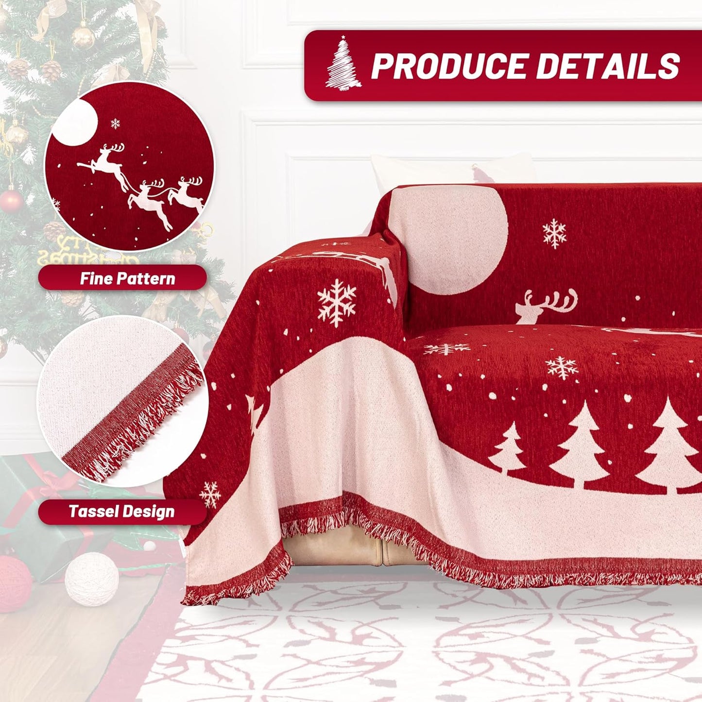 MYSKY HOME Sofa Cover Couch Covers for Sofa, Couch Sofa Covers for 3 Cushion Couch Sofa, Non Slip Soft Couch Sofa Cover, Couch Cover for Dogs Washable Furniture Protector, 71"x134", Christmas Red