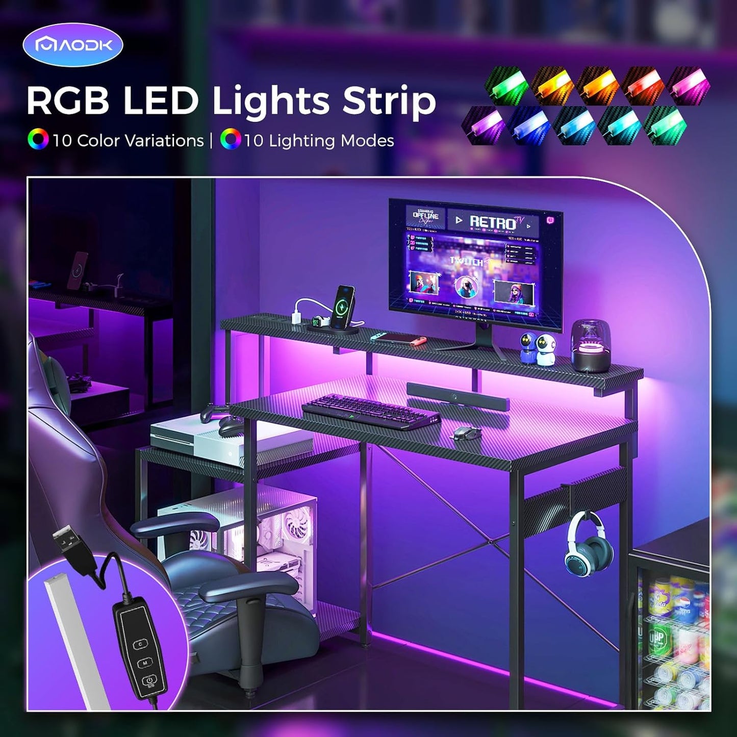 AODK Computer Desk, 48 Inch Gaming Desk with Led Lights & Power Outlet, Office Desk with Storage Shelves, Reversible Desk with Monitor Shelf & Headphone Hook, Carbon Fiber Black