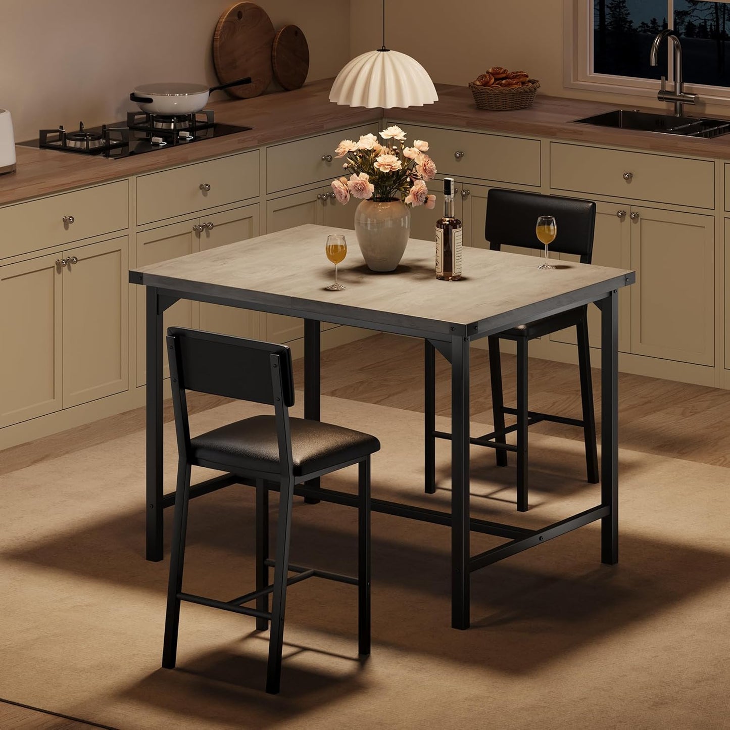 IDEALHOUSE Dining Table Set for 2 w/Counter Height Table & 2 Upholstered Bar Stools, 3-Piece Kitchen Table Set with Footrest & Corner Protector, for Kitchen Room, Apartment, Pub