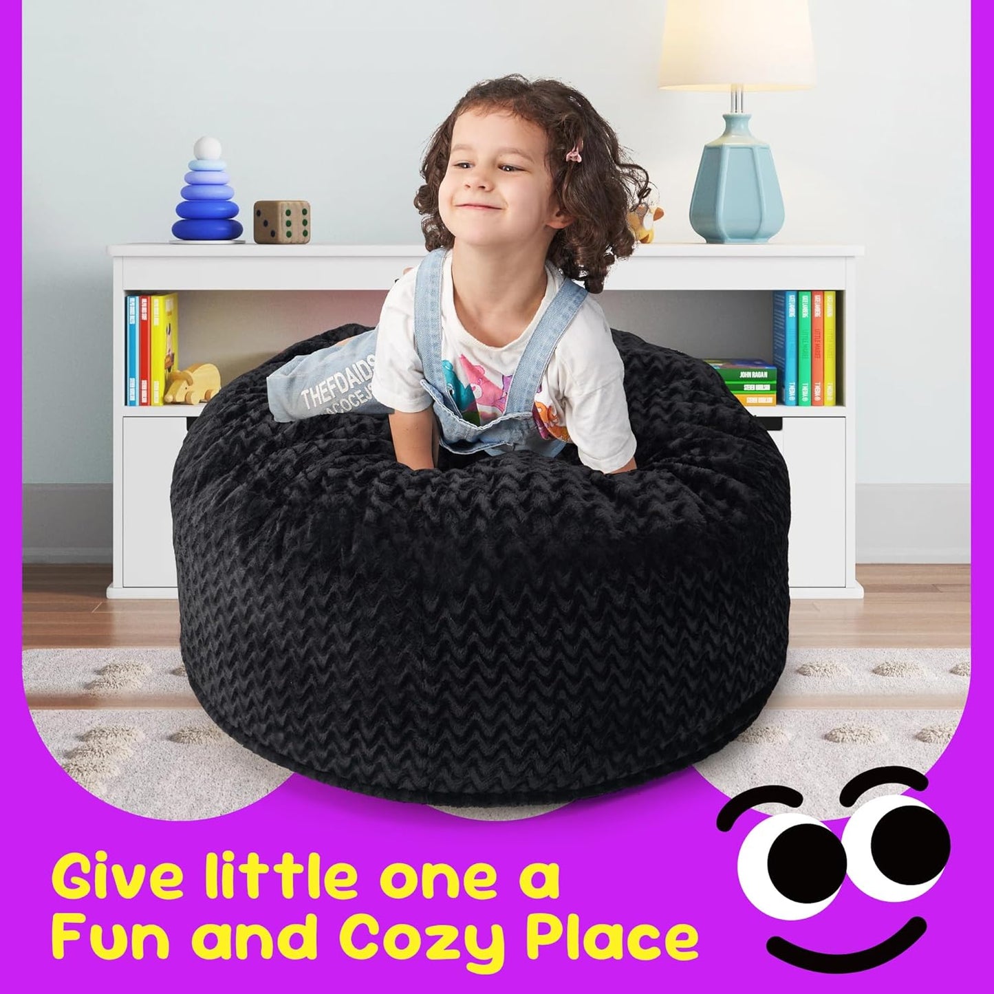 Hobestluk Bean Bag Chairs 2.5FT Bean Bag Chair with Memory Foam Filled & Chevron Plush Fur Cover Small Bean Bag Chairs for Playroom, Living Room, Bedroom (Black)