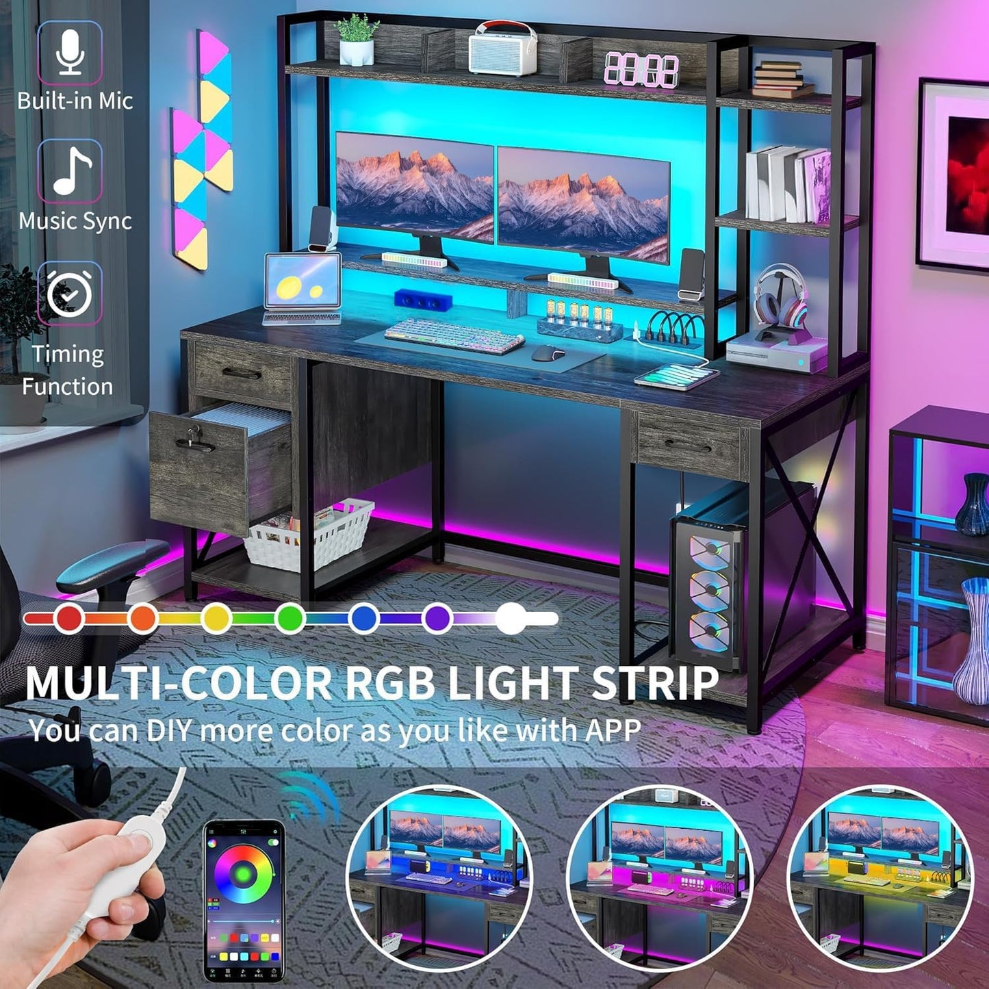 DWVO Computer Desk with Drawers & Hutch, 59.1" Office Desk with Power Outlets & LED Lights, Home Office Desk with Storage Shelves, Grey