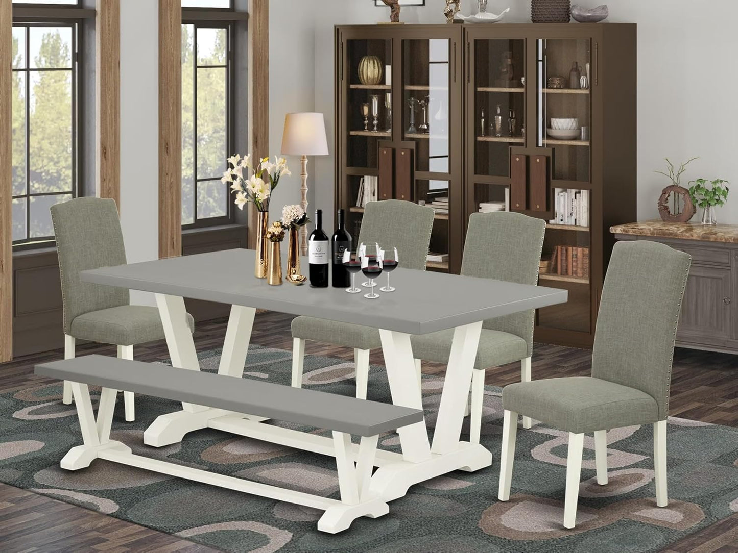 East West Furniture V097EN206-6 6 Piece Kitchen Table Set Contains a Rectangle Dining Table and 4 Dark Shitake Linen Fabric Upholstered Chairs with a Bench, 40x72 Inch, Multi-Color