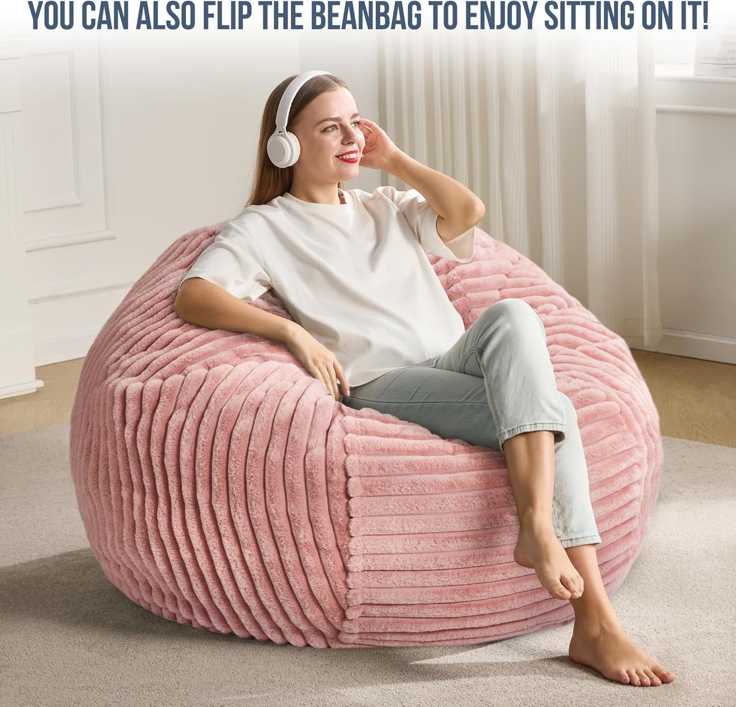 3ft Bean Bag Chairs for Adults Large Beanbag Chair with Stripe Plush Cover Big Bean Bag Chair for Living Room Bedroom Dorm Office