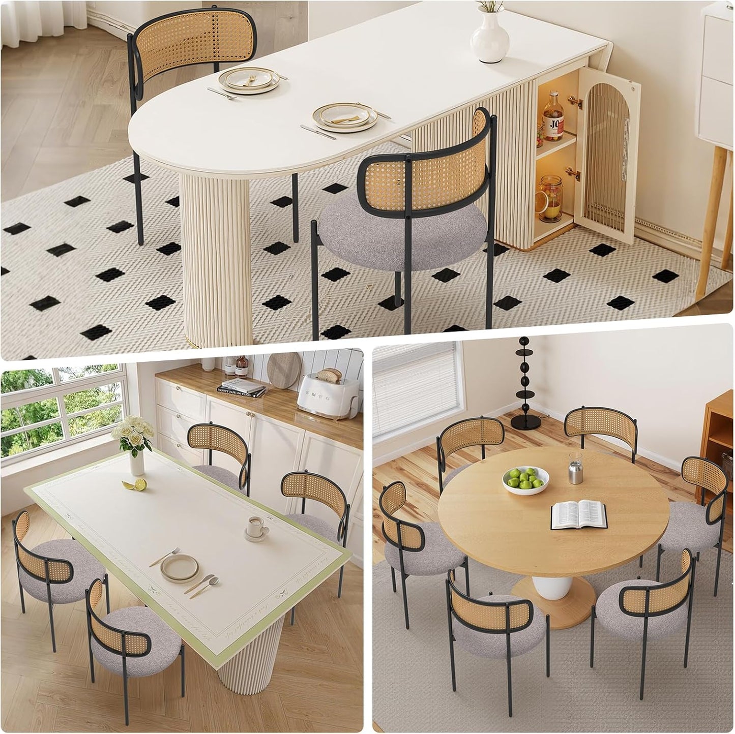 Mid Century Modern Dining Chairs Set of 2 with Rattan Backrest,Velvet Upholstered Accent Kitchen & Dining Room Chairs with Sturdy Metal Frame,Gray