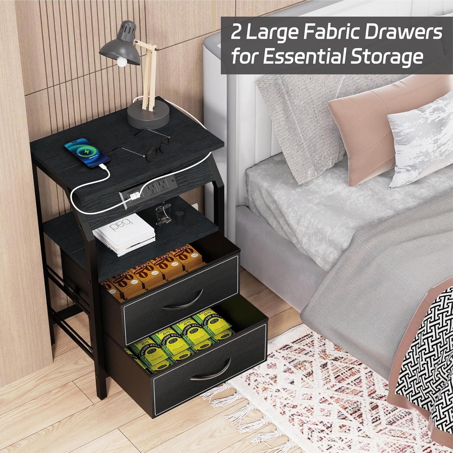 End Table with Light, LED Nightstand with 2 Drawers and Type C Charging Station, Small Fabric Dresser for Bedside, Storage Side Table for Living Room, Dorm, Black