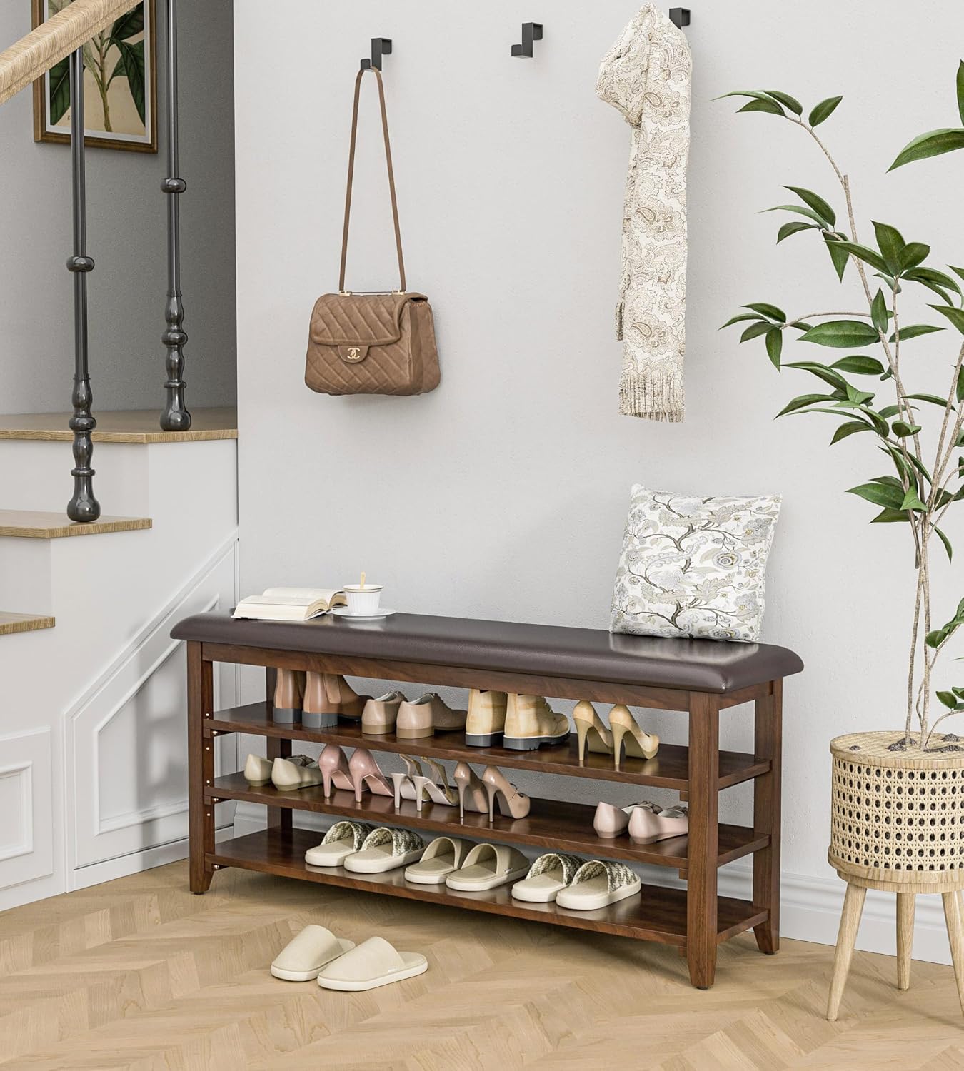 Wooden Shoe Bench Storage with Leather Cushion, Rustic Solid Wood Entryway Bench with 3-Tiers Height Adjustable, Shoe Rack Front Doors Entrances for Hallway Living Room,Mudrooms (Brown,47.2")