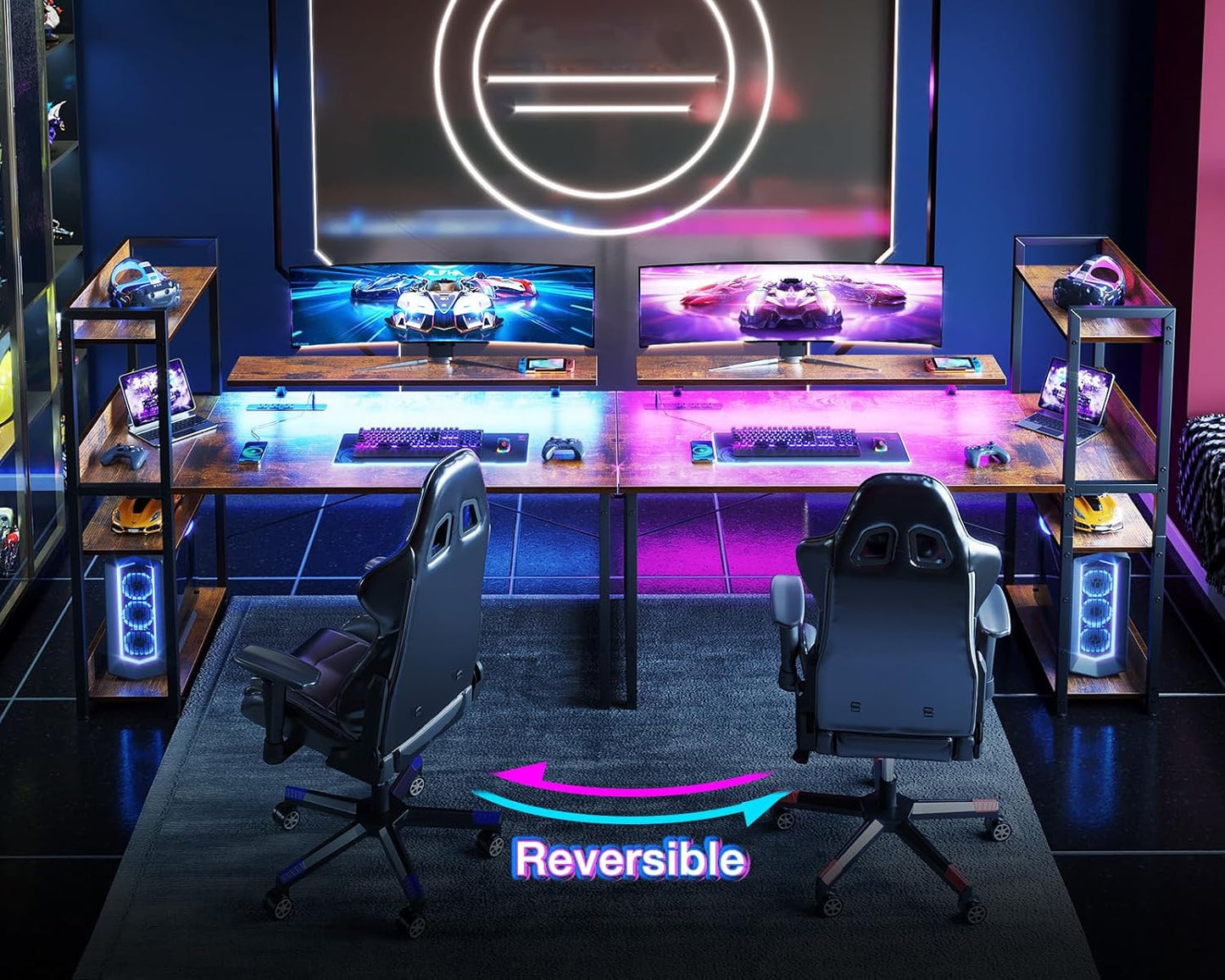 ODK Reversible Gaming Desk with Power Outlets and LED Lights, 48 Inch Computer Desk with Storage Shelves and Monitor Stand, Modern Writing Study Desk for Home Office, Rustic Brown