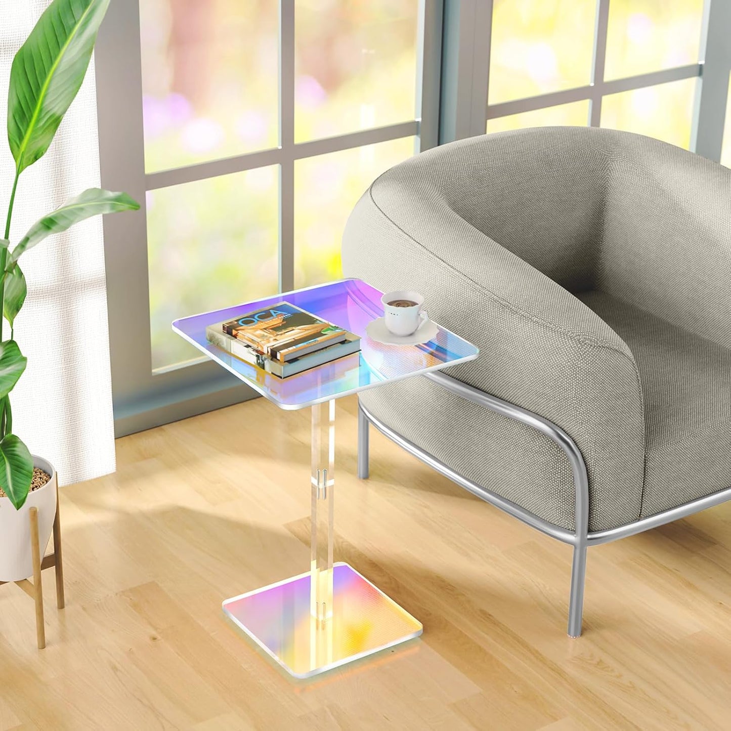 NiHome Square Iridescent Acrylic End Table for Small Spaces, Living Rooms, Bedrooms, Balconies, 0.3-Inch Thick Acrylic Coffee Table with Crystal Clear and Durable Design, 13.3"x13.3"x18.9" (1PC)