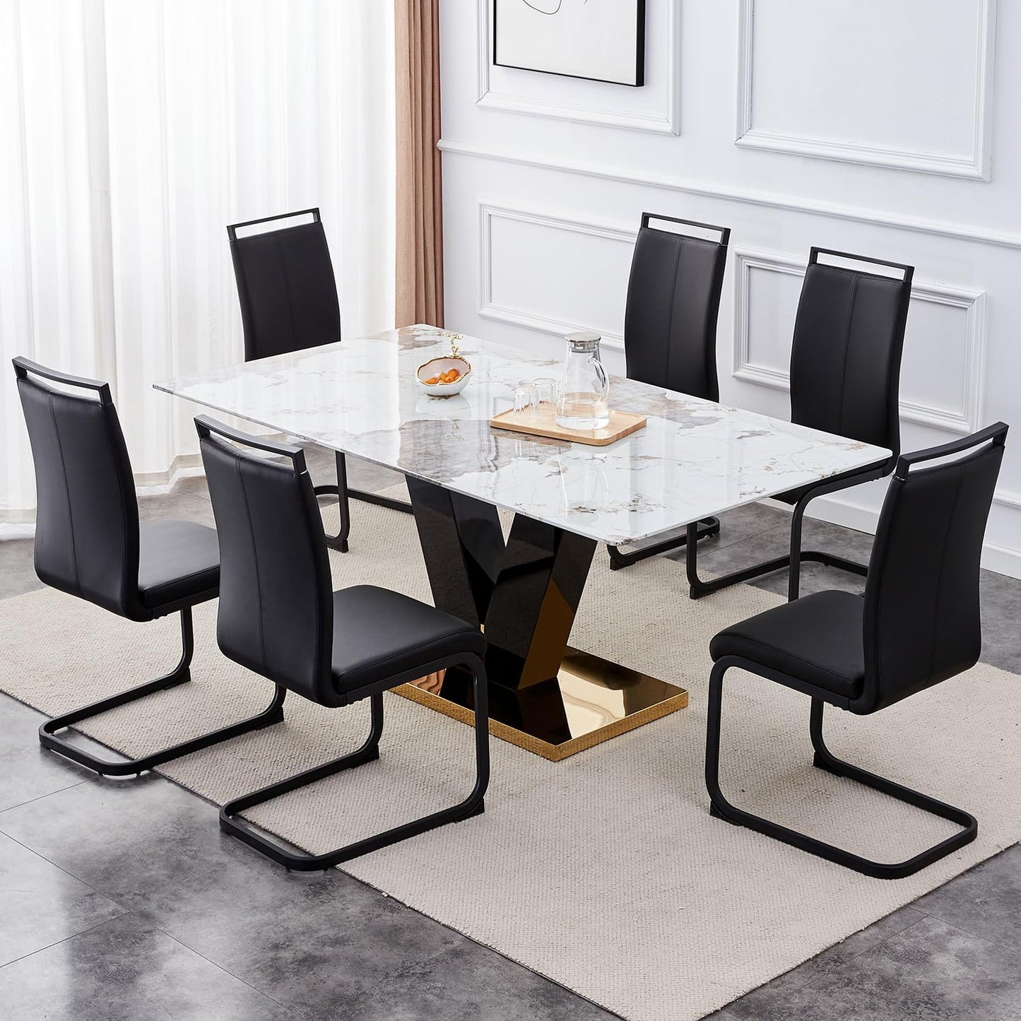 Modern Dining Chairs Set of 6,High Back Kitchen Chairs,Side Room Chair with Black Powder Coating Metal Legs,Easy to Clean Upholstered Dining Chairs,Ideal for Living Room(Black Chairs)