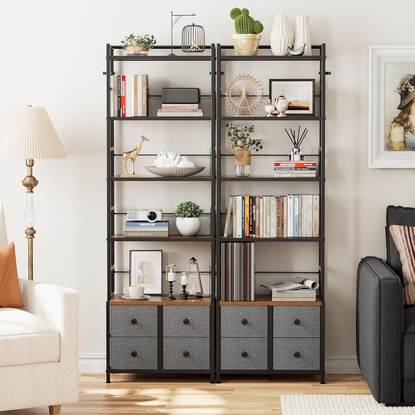 5 Tier Bookshelf, Modern Bookcase with Bookends and 4 Drawers Storage Organizer, Metal Industrial Display Shelf, Free Standing Storage Shelving Unit for Bedroom, Living Room and Home Office