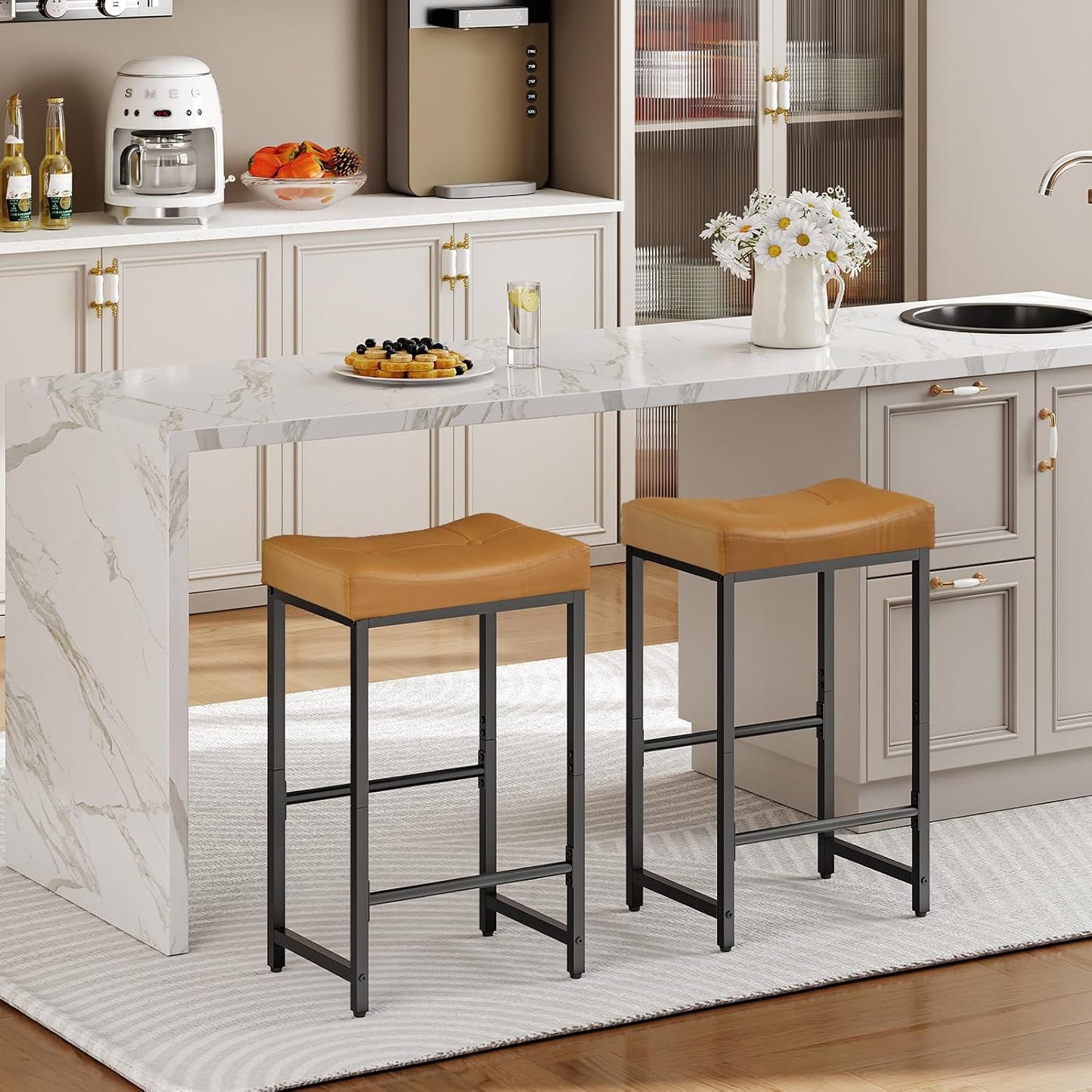 HOOBRO Bar Stools,25.4" Saddle Stools with PU Upholstery, Counter Height Stools with Footrest, Kitchen Breakfast Chairs, for Dining Room, Cafe, Bar, Brown and Black CB23BY01