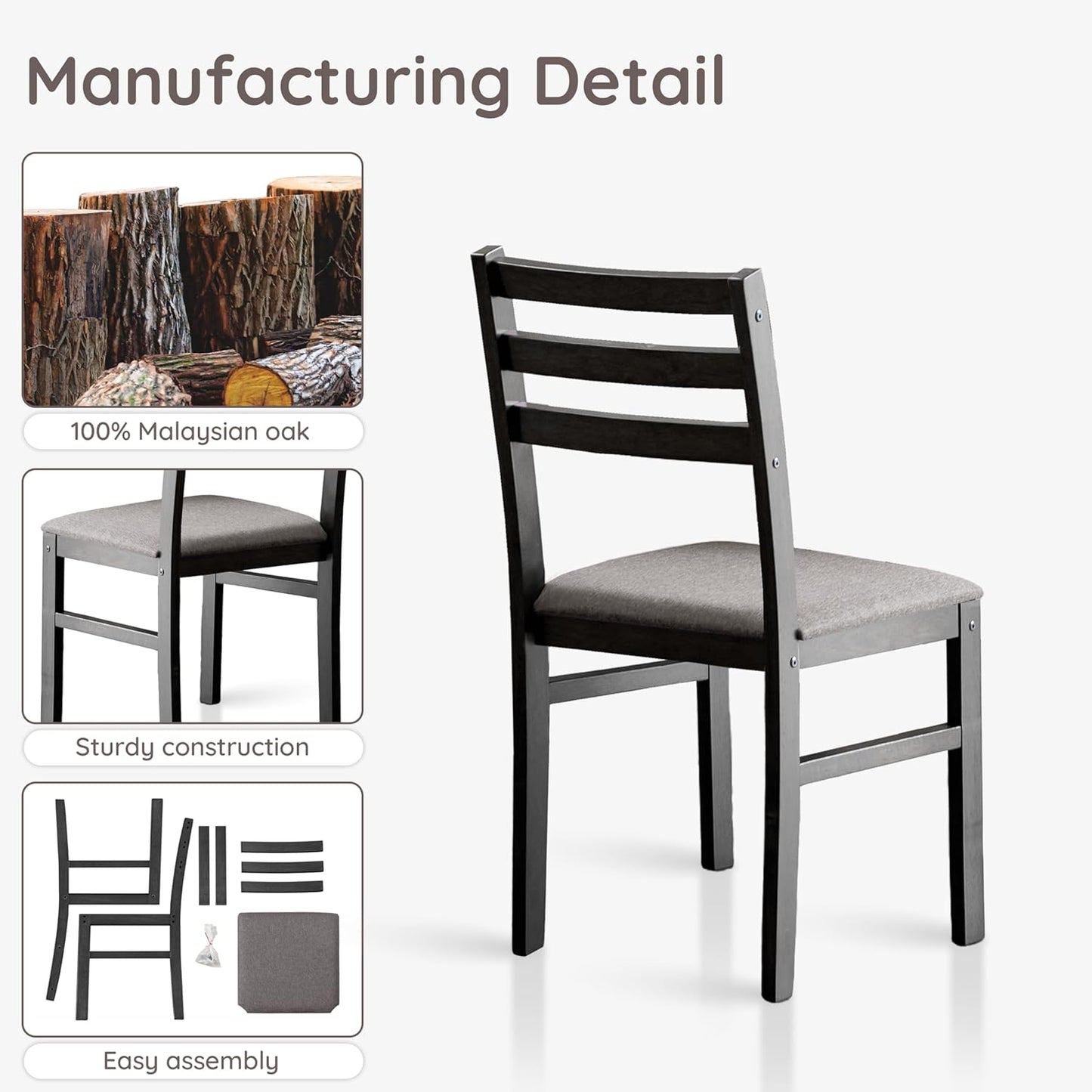 Livinia Seattle Modern Farmhouse Kitchen Dining Room Chair Set of 2, Solid Wood Fabric Upholstered Cushion Seat Wood Ladder Back Chairs (Black)