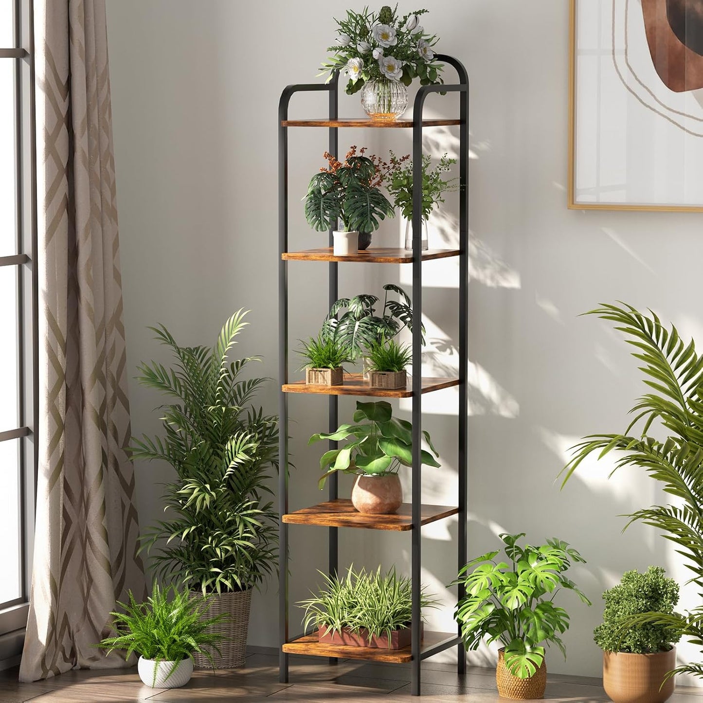 5 Tier Bookshelf, Bookcase with 5 Shelves, Storage Rack Organizer, Corner Wood Storage Shelf with Metal Frame for Bedroom, Living Room, Rustic Brown