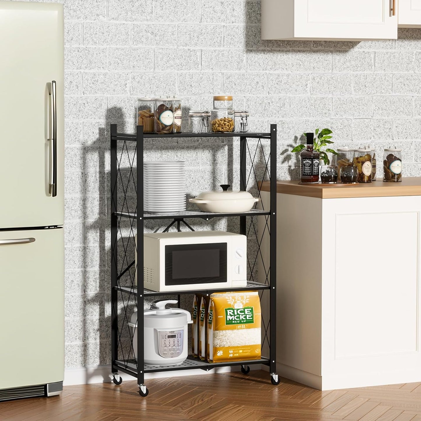 ALANNG Storage Shelves with Wheels, Bookshelf with Storage, No Assembly Metal Rack Cart for Kitchen, Office, Laundry, Garage (4 Tier, Black)