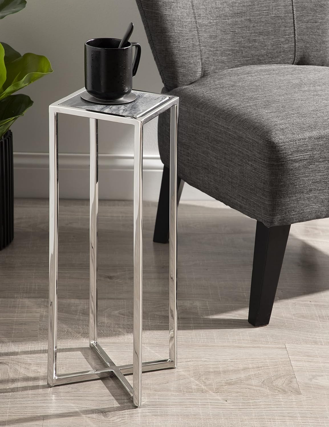 Kate and Laurel Jaspur Modern Drink Table, Gray and Silver, Decorative Glam Marble Accent Table for Display and Storage