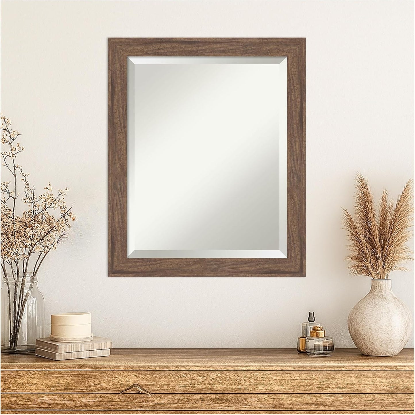 Amanti Art Brown Wall Mirror 23x19 Pia Medium Brown Narrow Rectangle Bathroom Mirror for Wall Decor Living Room, Small Casual Frame, Hangs Horizonally and Vertically, Bathroom Decor, Beveled Edge