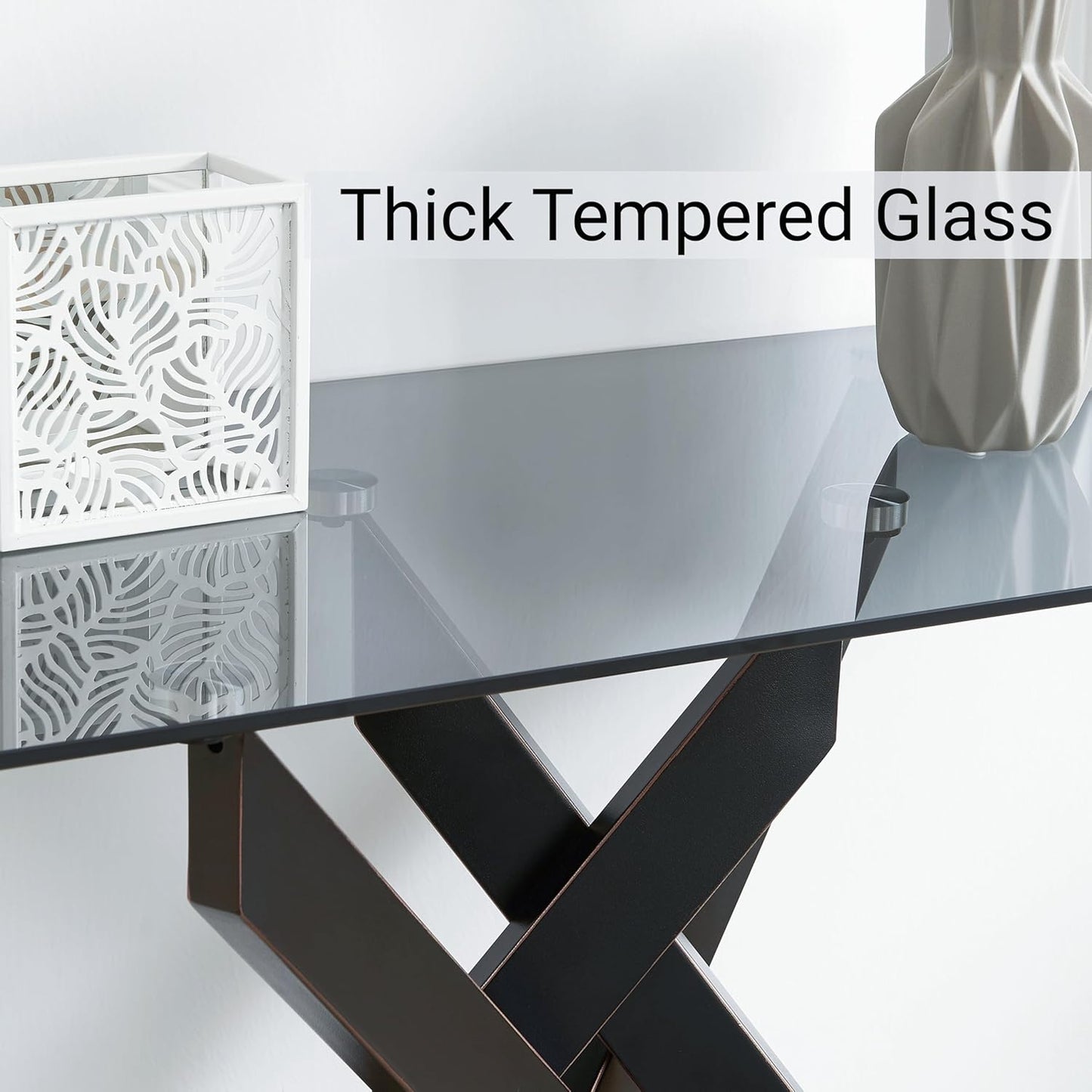 Modern Style Console Table Narrow Sofa Table with Grey Tempered Glass Top and Black Metal Tubular Legs with Gold Rim, 45”Lx18”Wx30”H