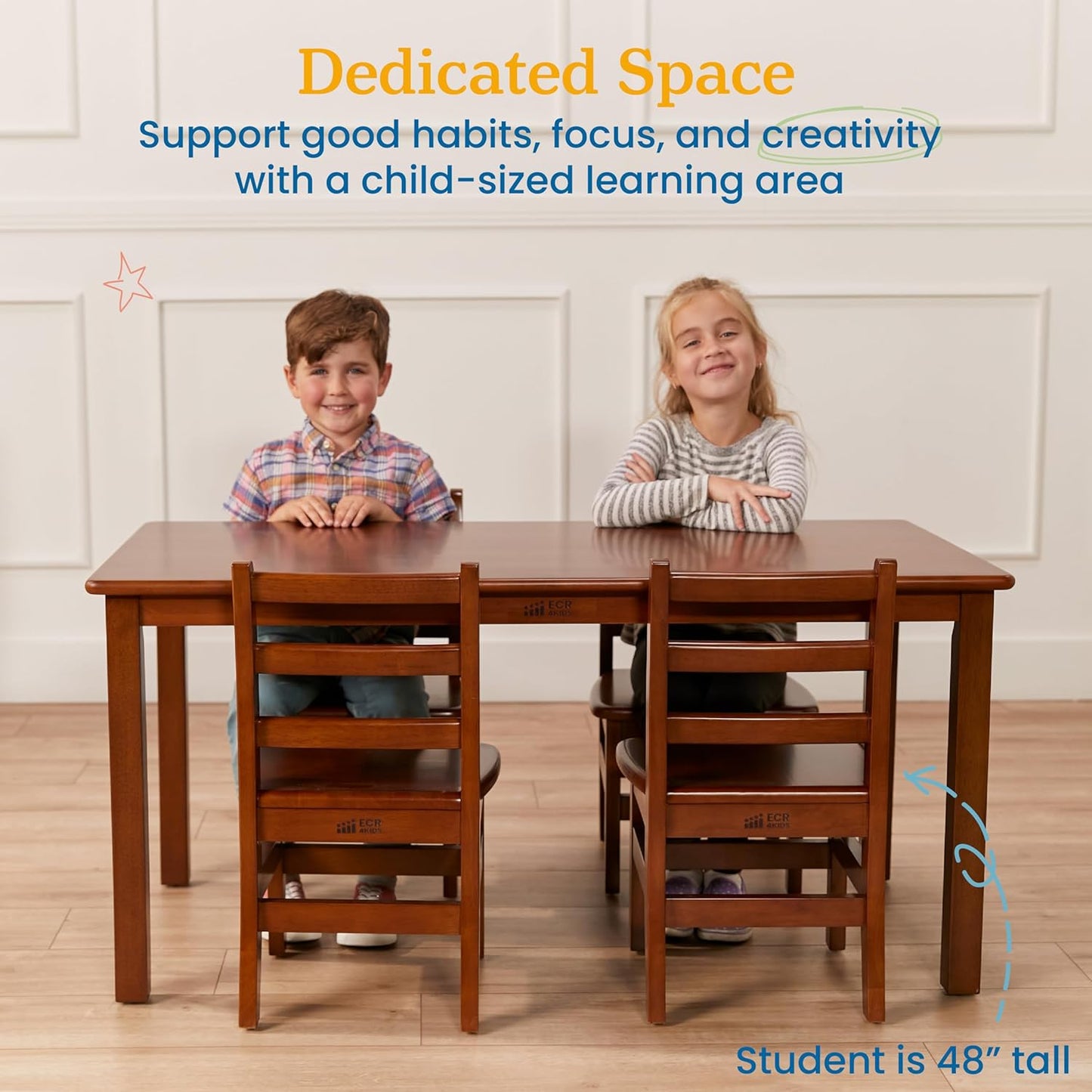 ECR4Kids 24in x 48in Rectangular Hardwood Table and Chair Set, 12in Seat Height, Kids Furniture, Dark Walnut