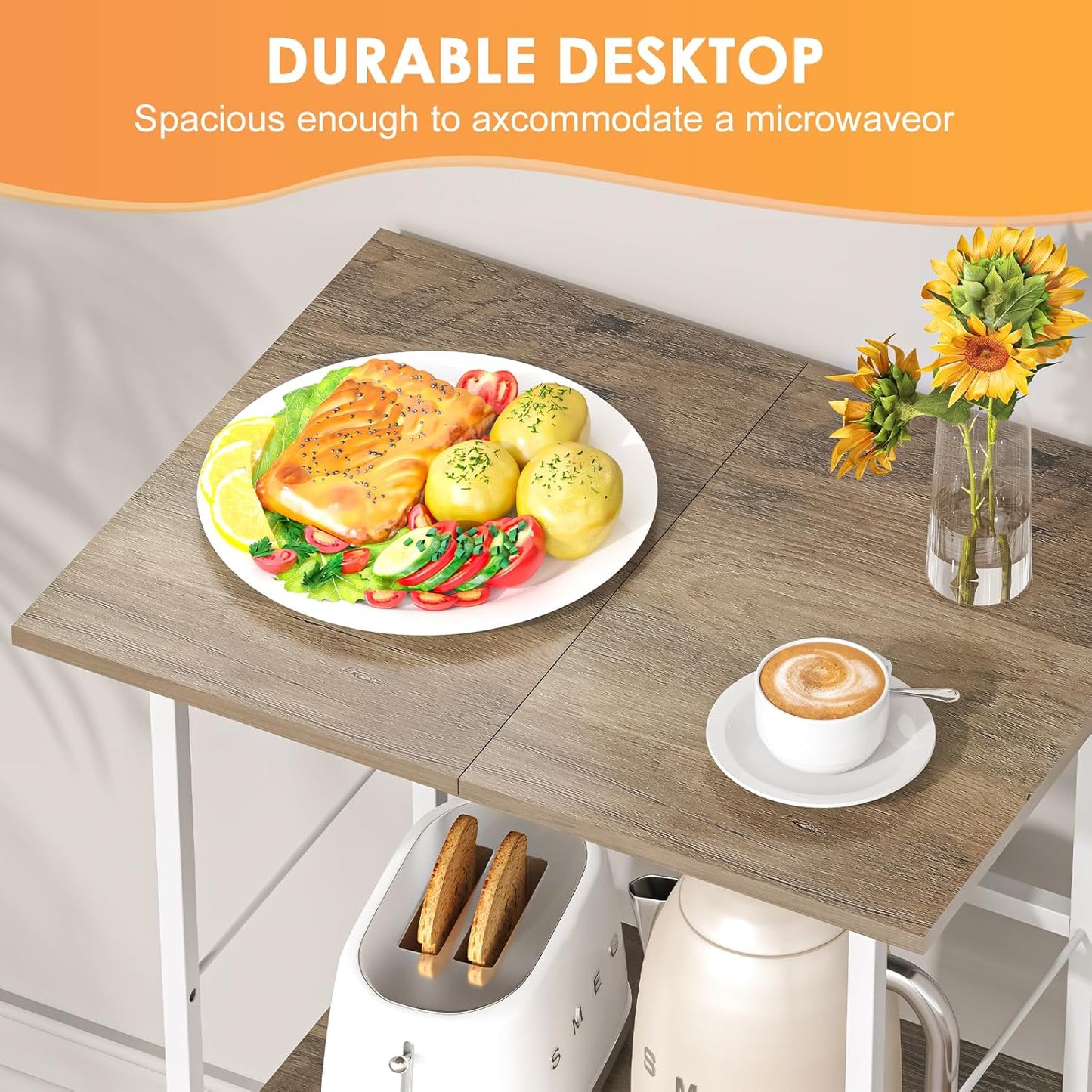 Microwave Cart with Storage, 3-Tier Rolling Kitchen Stand with Basket, Wood and Metal Utility Cart on Wheels, Coffee Bar Station, Small Baker’s Rack As Kitchen Island, Microwave Shelf Organizer, White