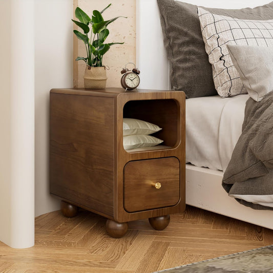 Small Narrow Nightstand with Drawers, Solid Wood Nightstand, Walnut Night Stand, Mid Century Side Table, Modern Bedside Tables for Bedroom (10 inch)