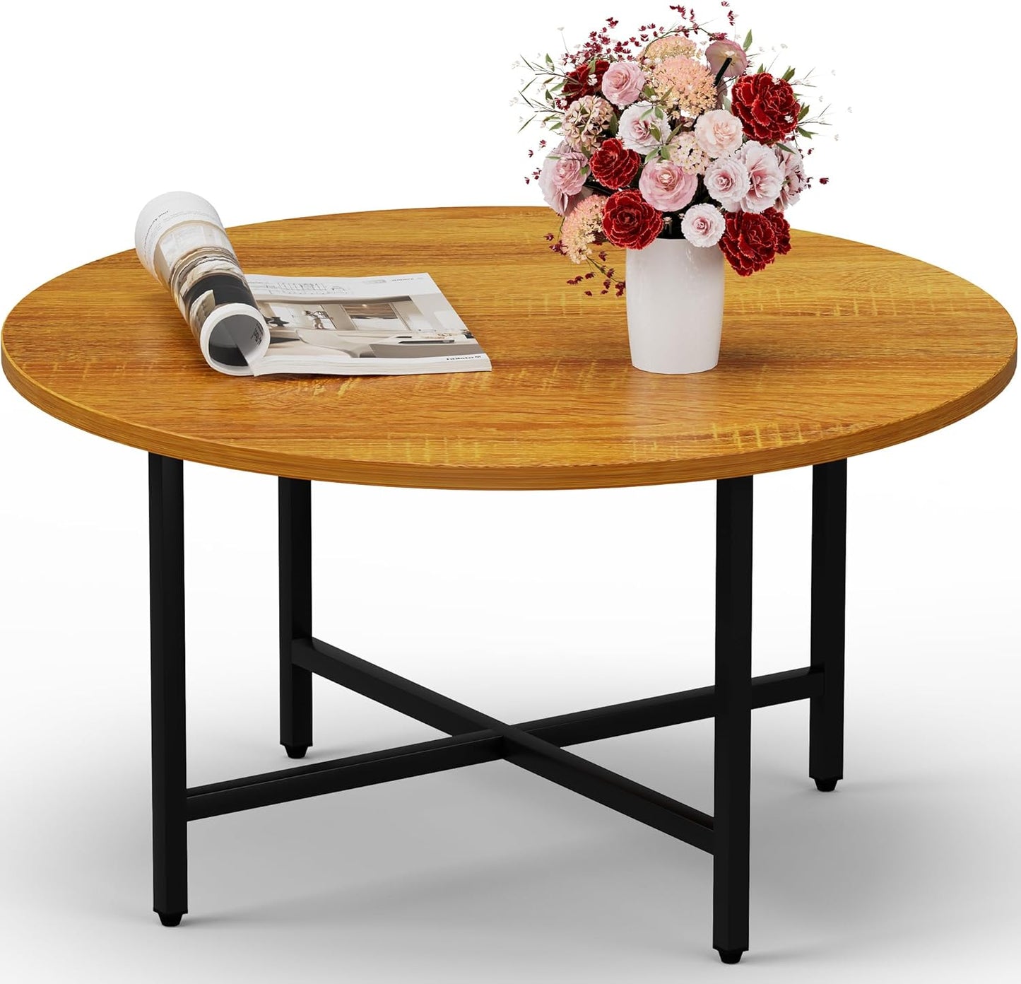 Coffee Table, 23.6" Coffee Tables for Living Room, Round Coffee Table with Metal Frame, Floor Table for Sitting on The Floor, Home, Office, Honey Brown