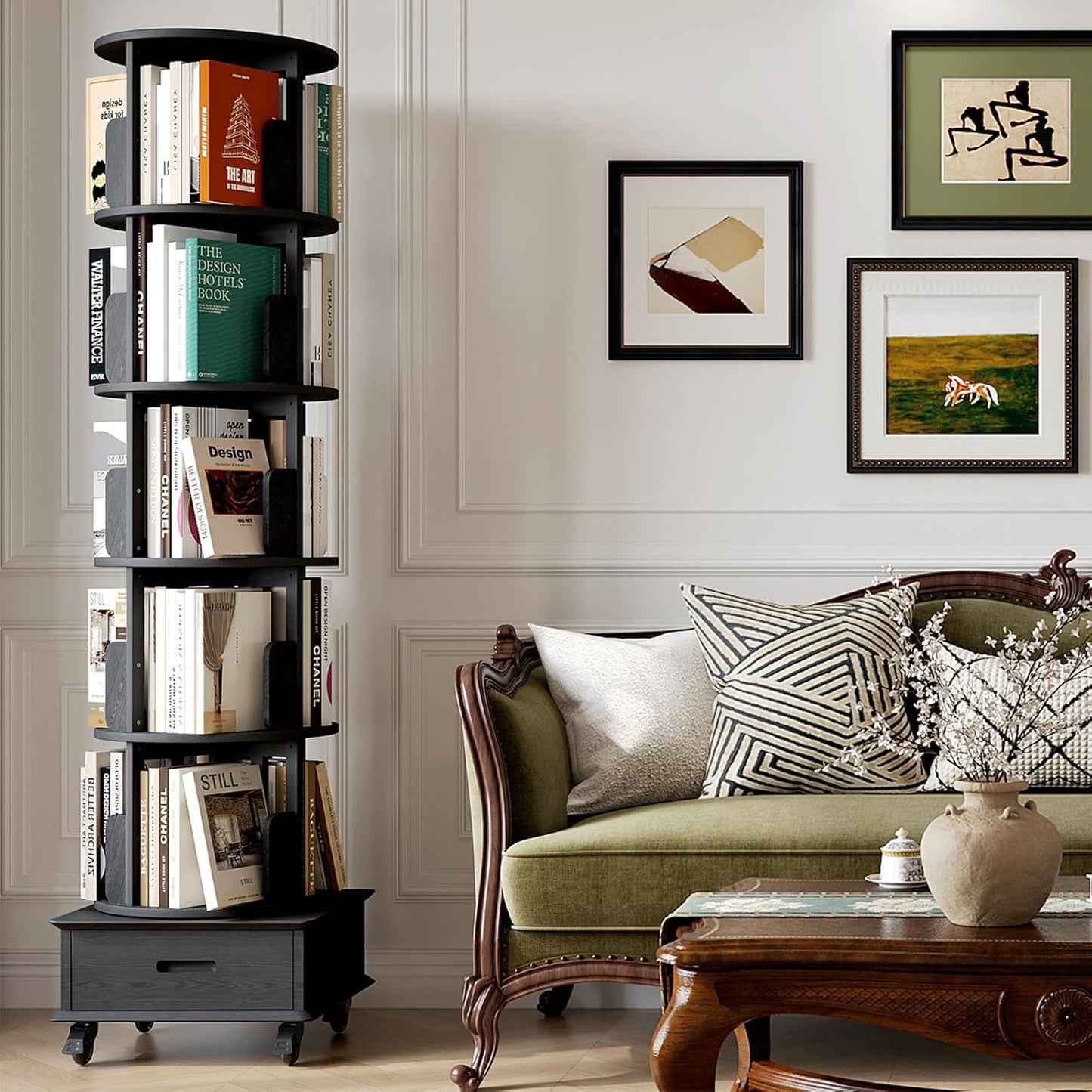 Solid Wood Rotating Bookshelf Tower on Wheels, 5-Tier Spinning Bookcase with Drawer, 72" Floor Standing Revolving Bookshelf, Rotating Bookcase for Small Space, Black